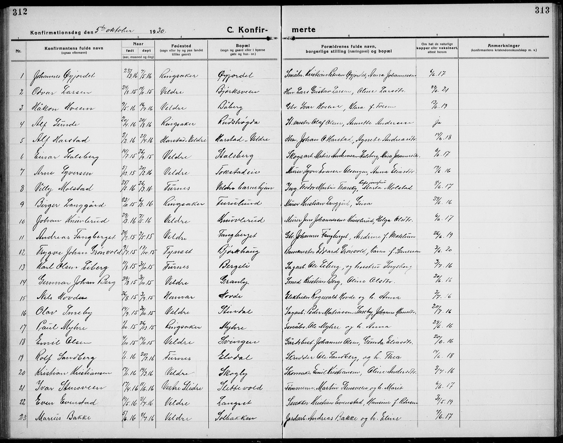 Veldre prestekontor, SAH/PREST-018/L/La/L0001: Parish register (copy) no. 1, 1921-1934, p. 312-313