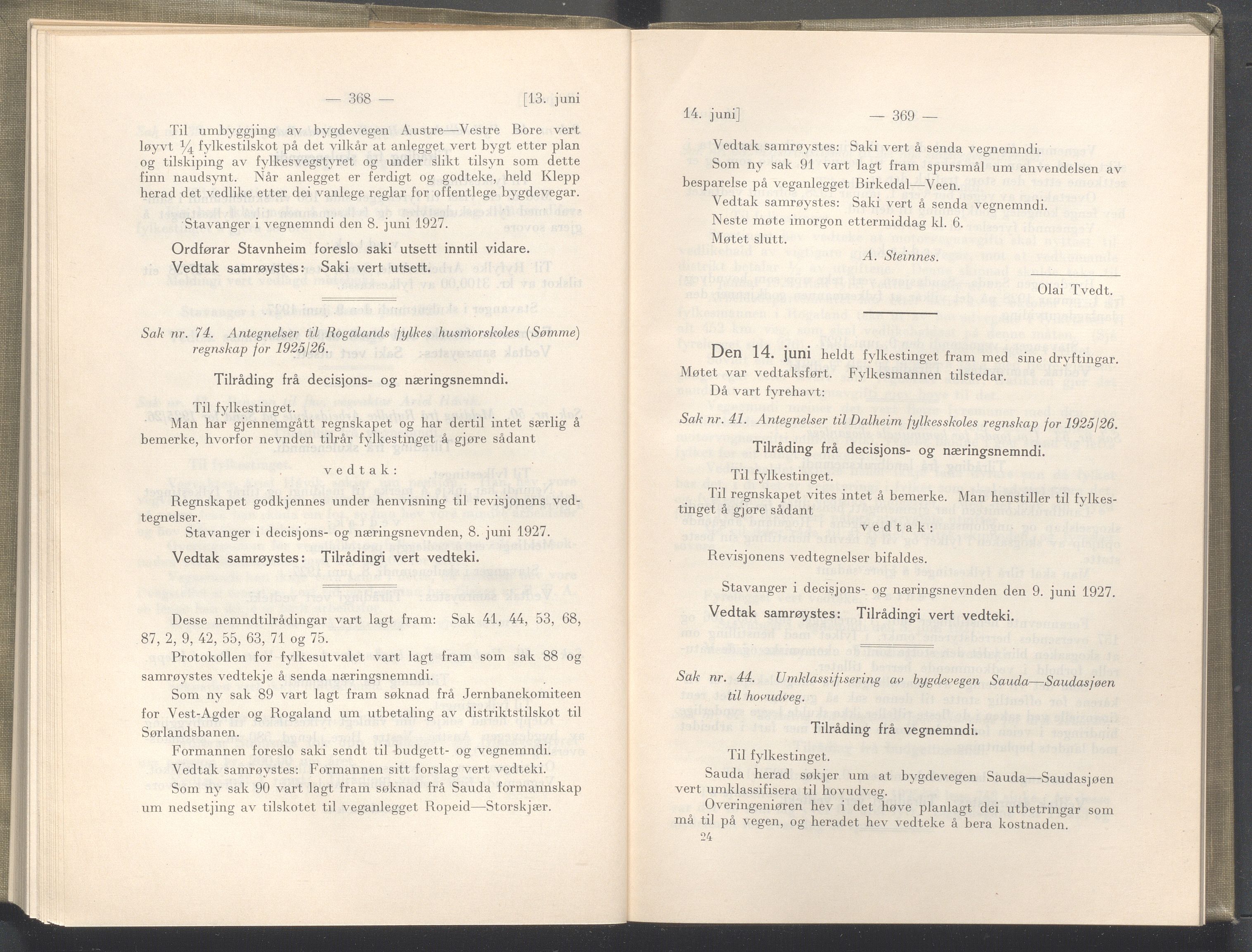 Rogaland fylkeskommune - Fylkesrådmannen , IKAR/A-900/A/Aa/Aaa/L0046: Møtebok , 1927, p. 368-369