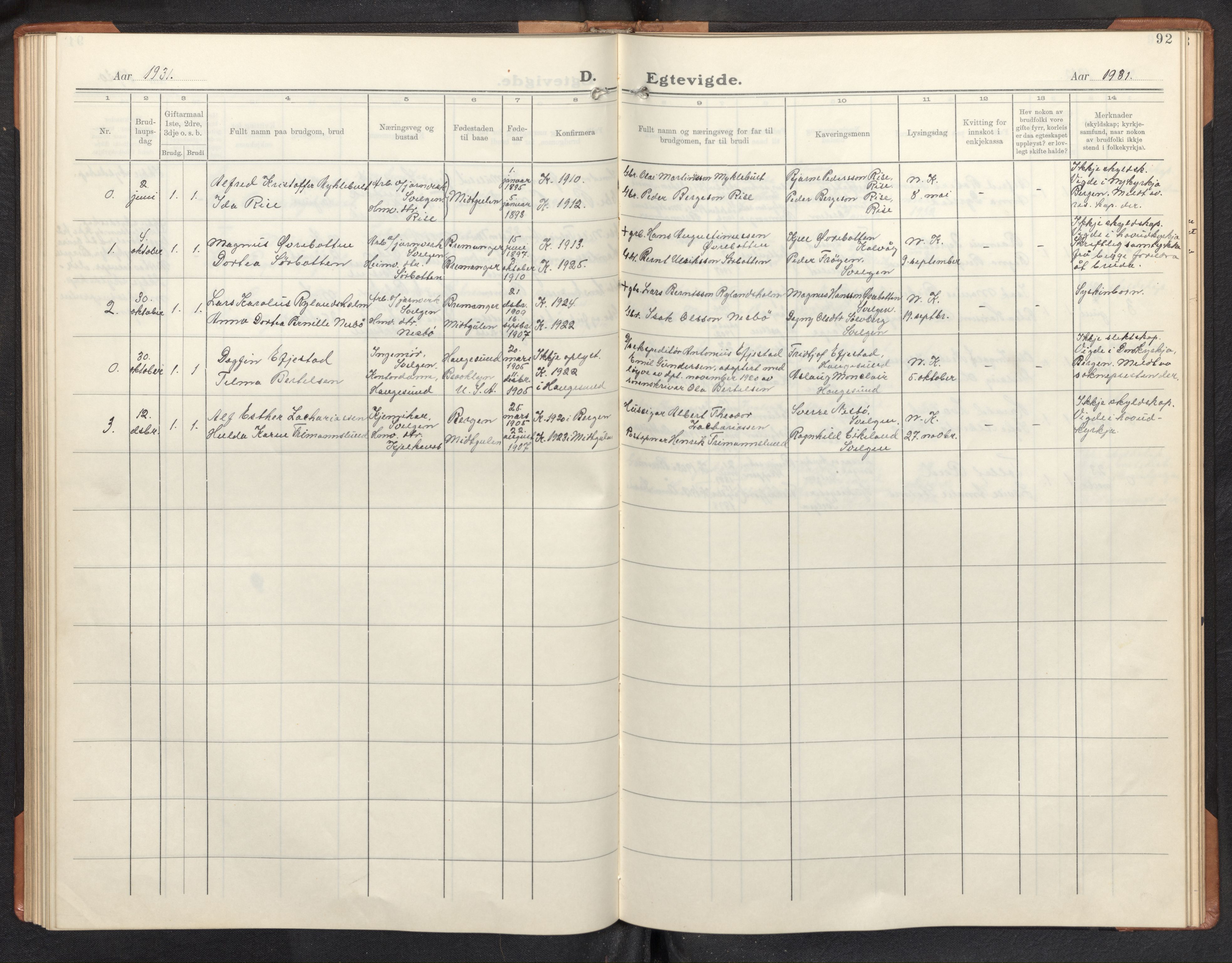 Davik sokneprestembete, SAB/A-79701/H/Hab/Habb/L0002: Parish register (copy) no. B 2, 1929-1951, p. 91b-92a
