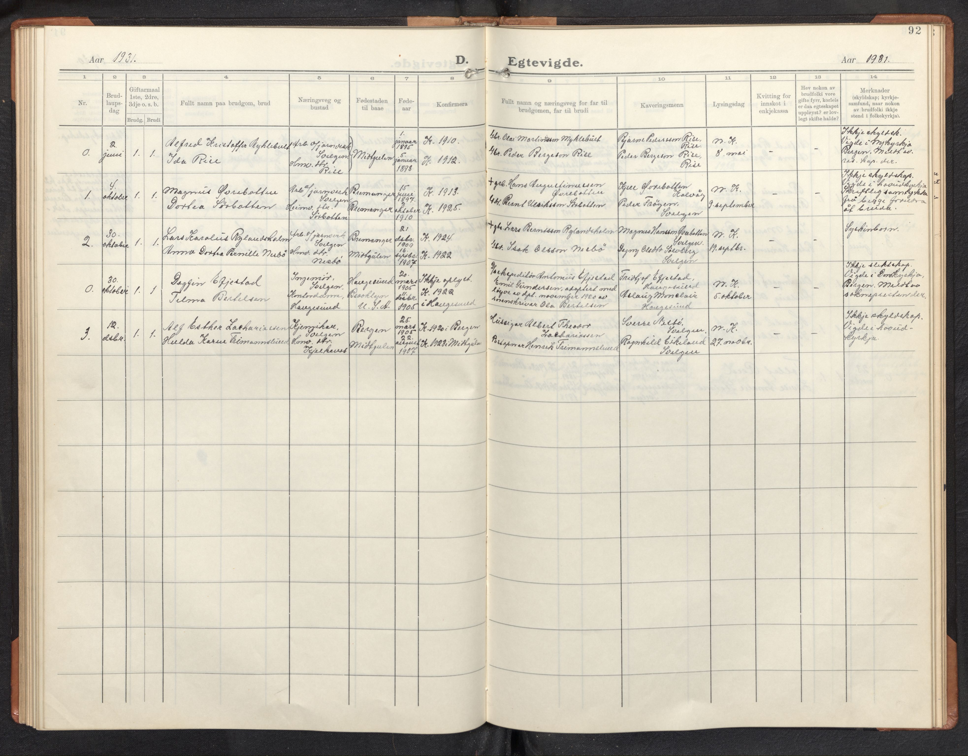 Davik sokneprestembete, AV/SAB-A-79701/H/Hab/Habb/L0002: Parish register (copy) no. B 2, 1929-1951, p. 91b-92a