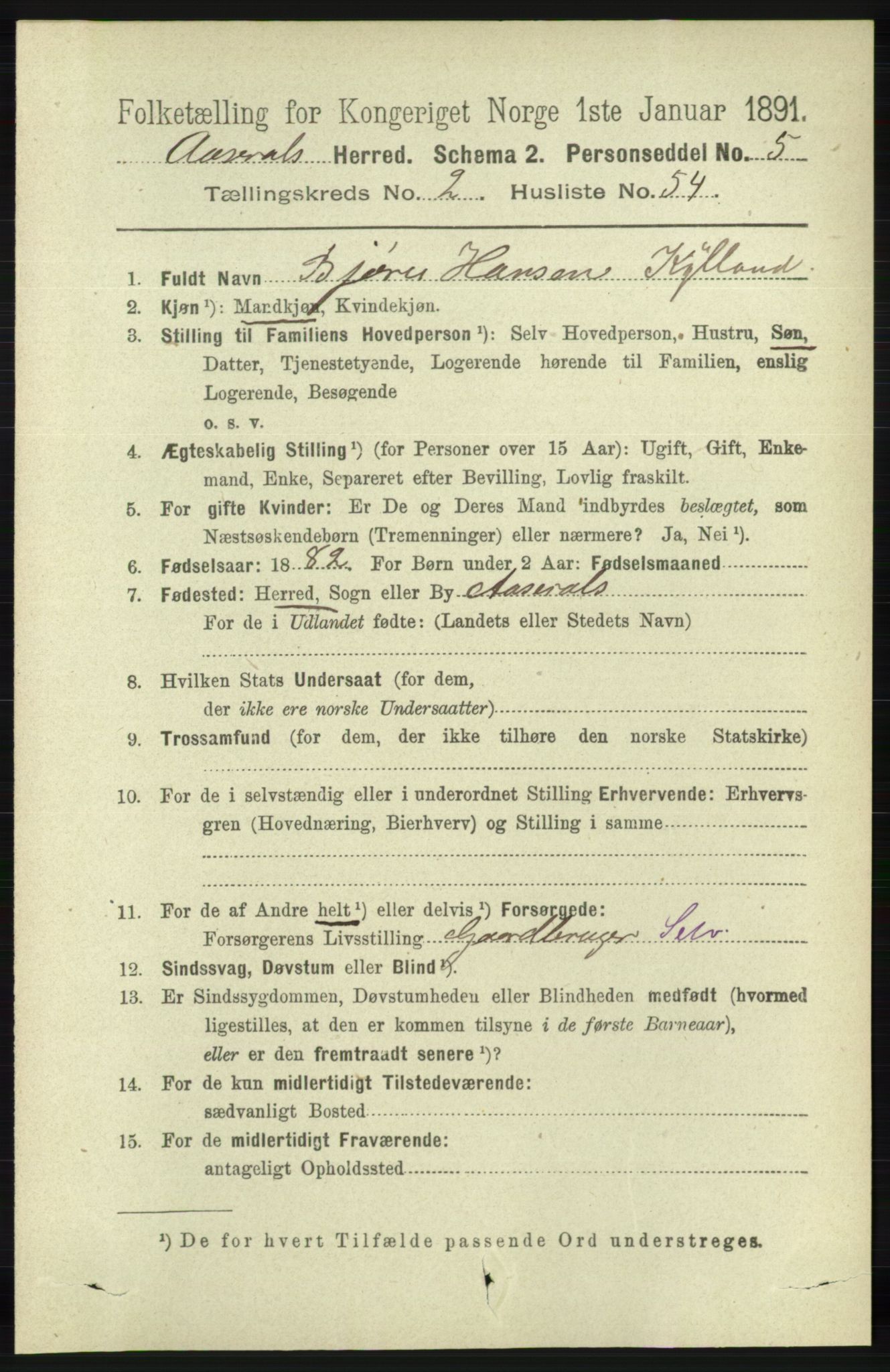 RA, 1891 census for 1026 Åseral, 1891, p. 718
