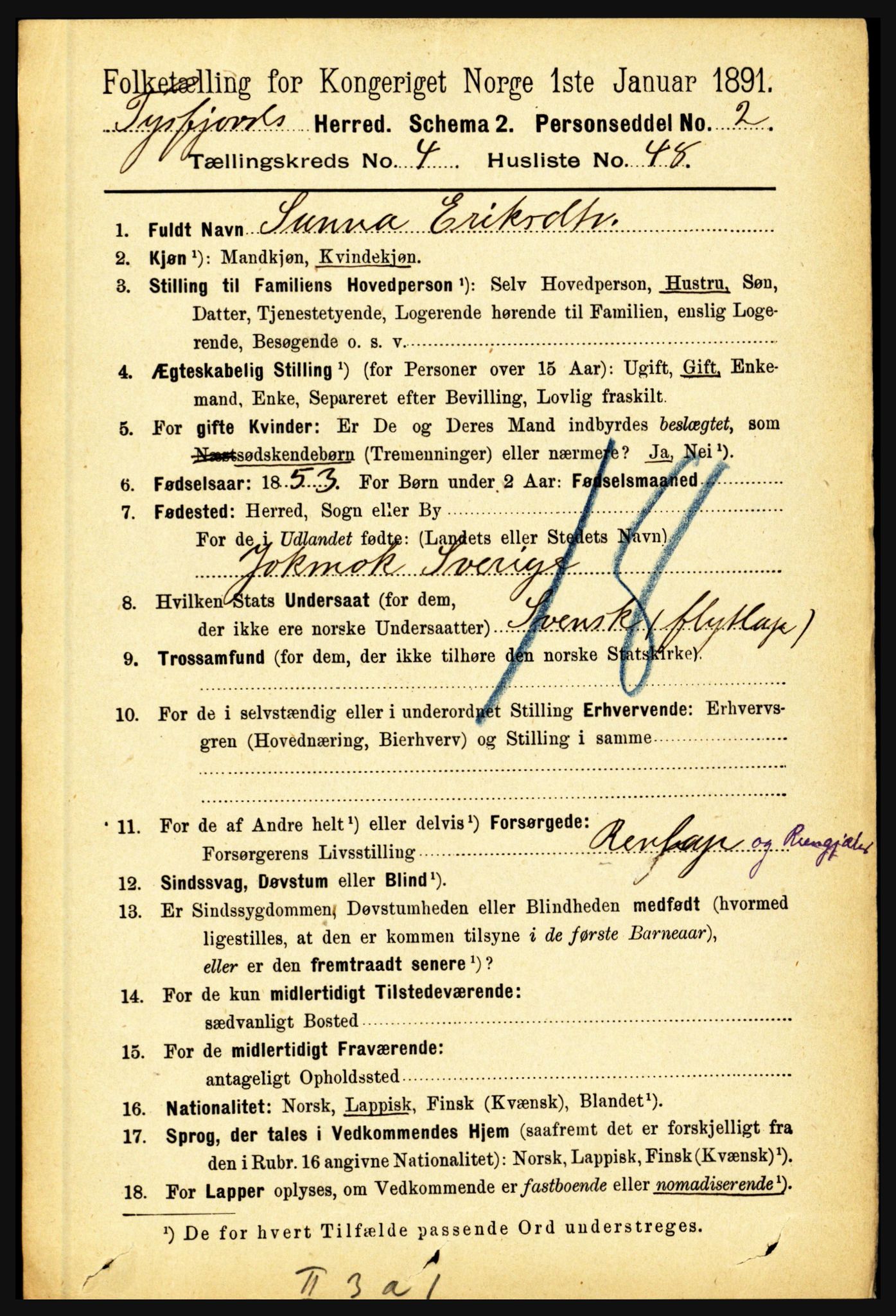 RA, 1891 census for 1850 Tysfjord, 1891, p. 1706