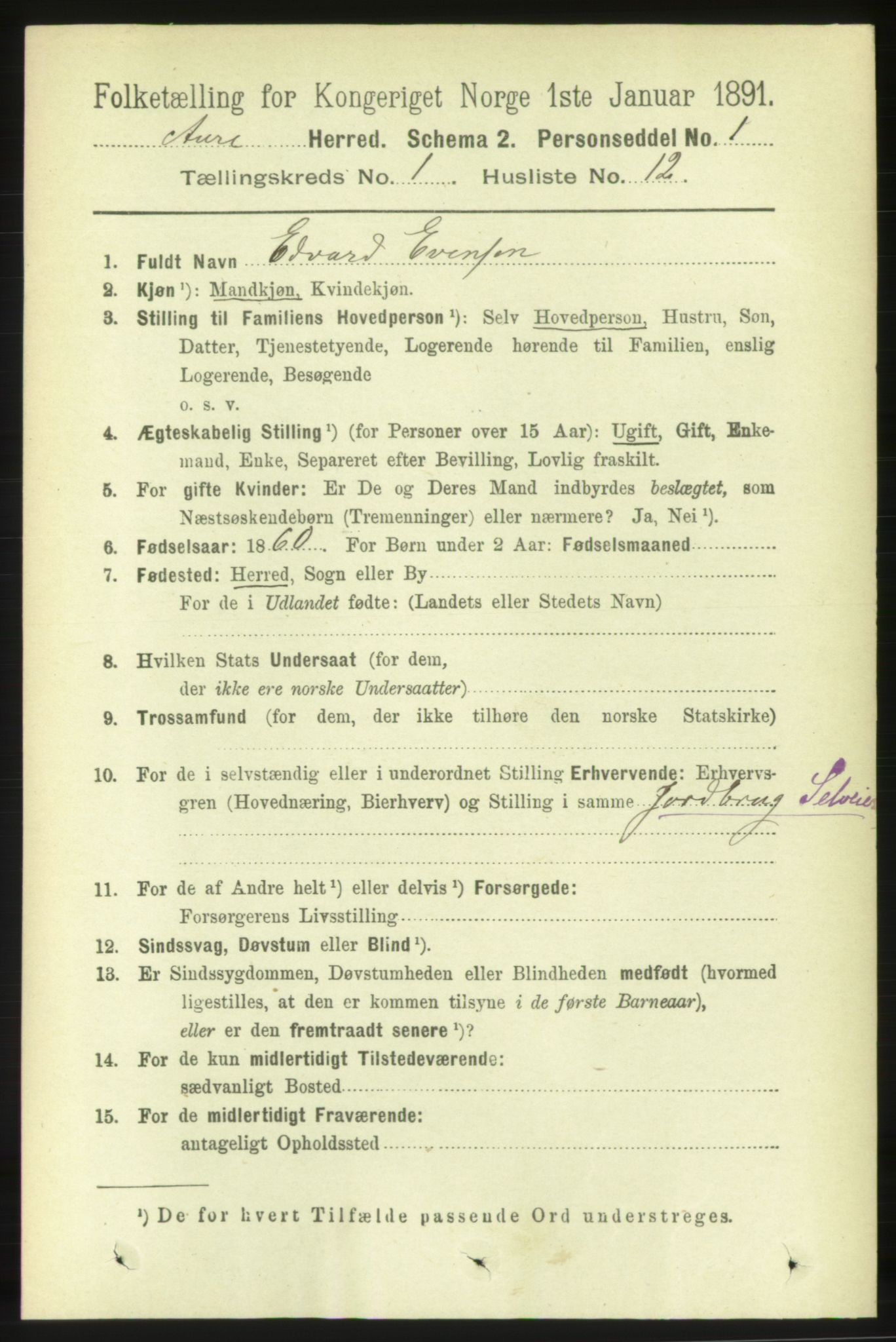 RA, 1891 census for 1569 Aure, 1891, p. 184