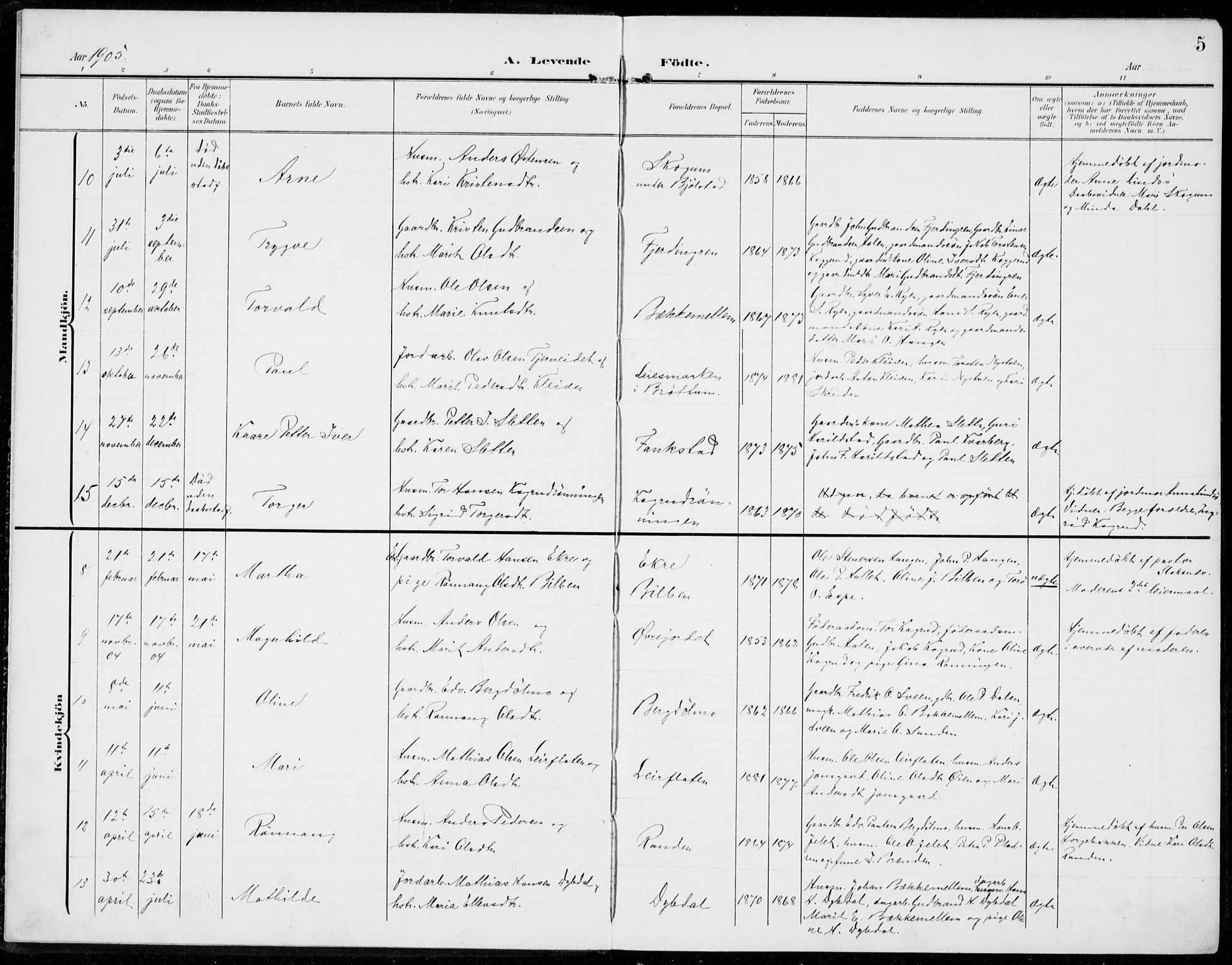Sel prestekontor, SAH/PREST-074/H/Ha/Haa/L0001: Parish register (official) no. 1, 1905-1922, p. 5