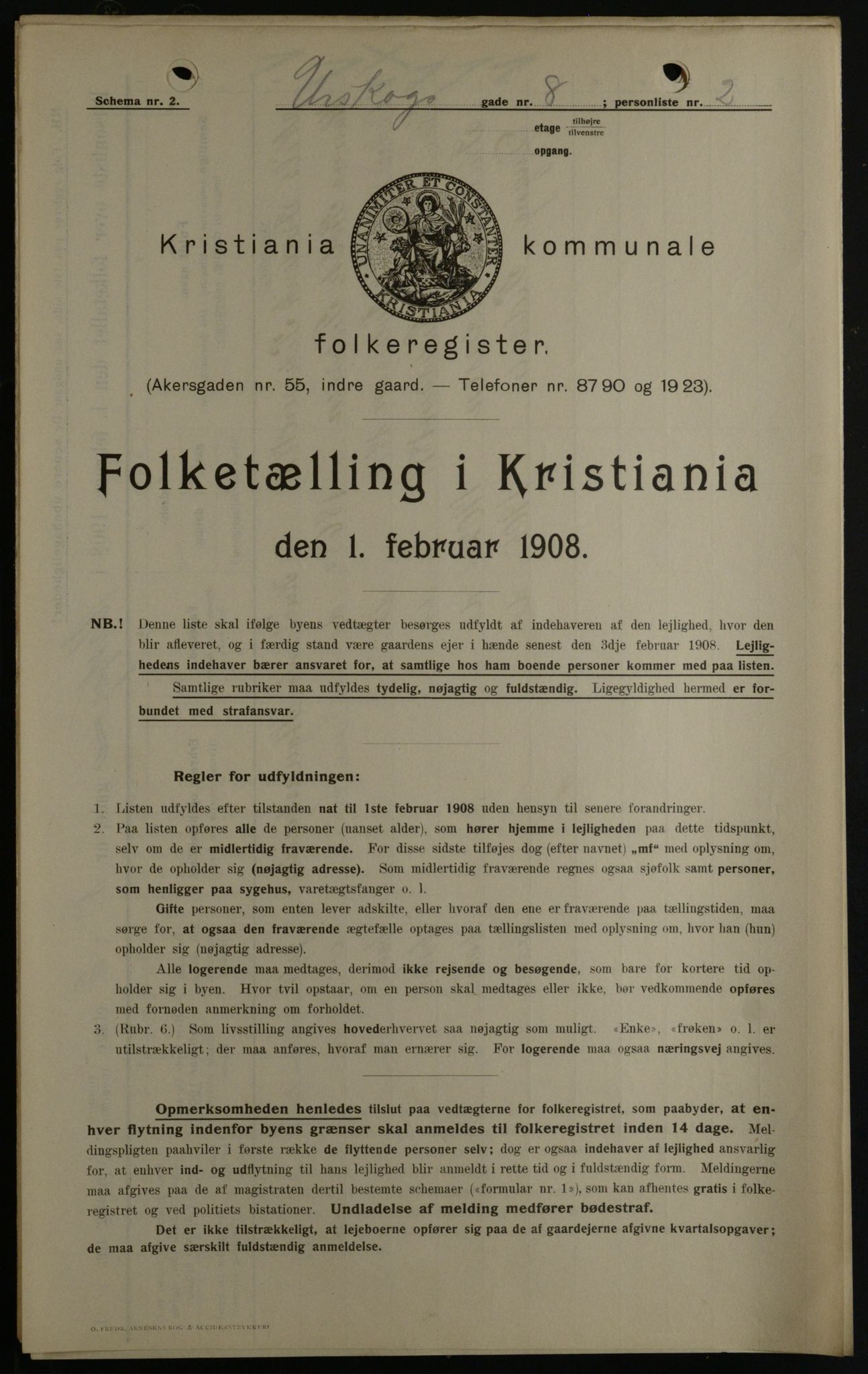 OBA, Municipal Census 1908 for Kristiania, 1908, p. 2663