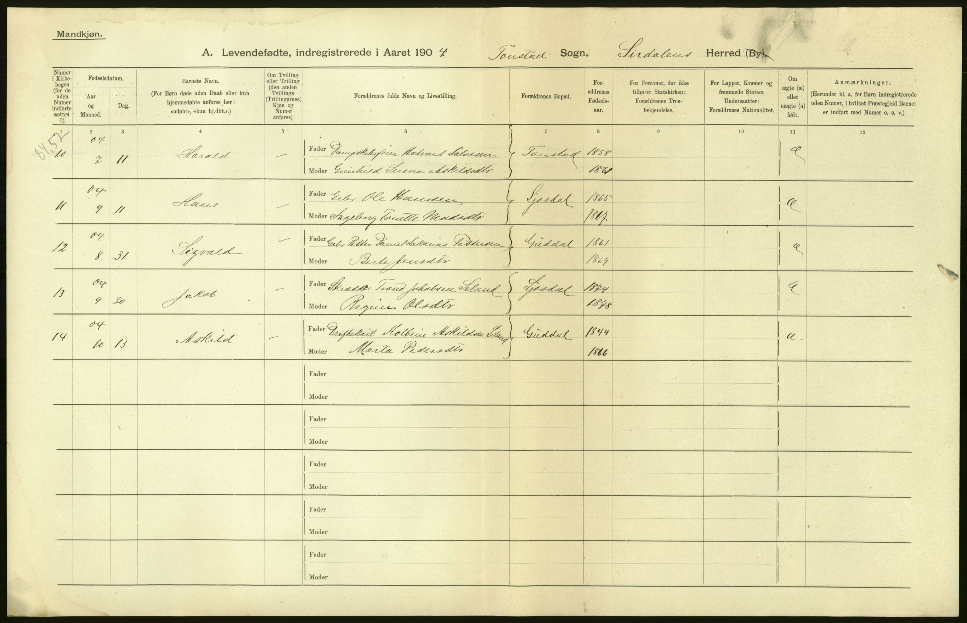 Statistisk sentralbyrå, Sosiodemografiske emner, Befolkning, AV/RA-S-2228/D/Df/Dfa/Dfab/L0011: Lister og Mandals amt: Fødte, gifte, døde, 1904, p. 8