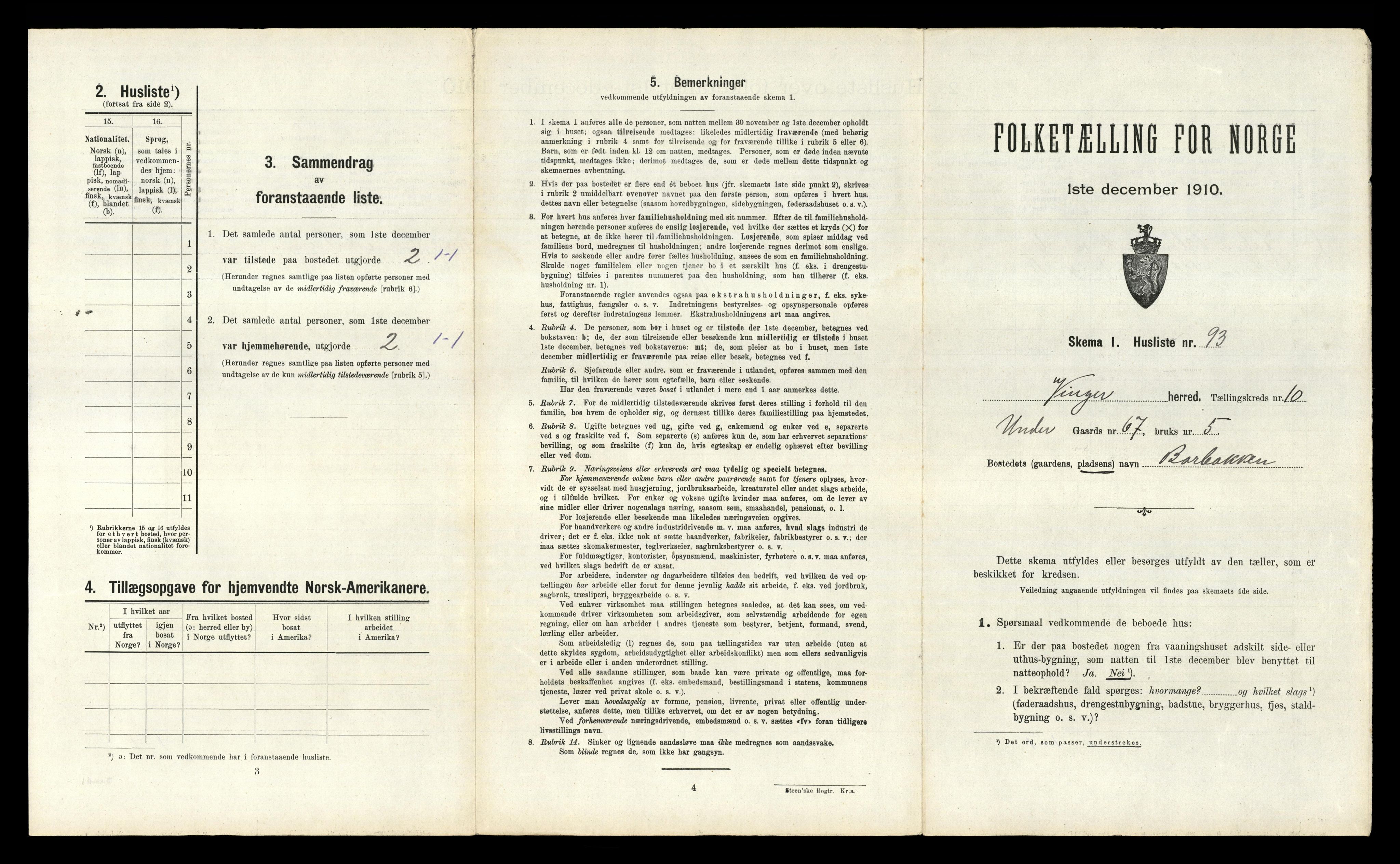 RA, 1910 census for Vinger, 1910, p. 1293