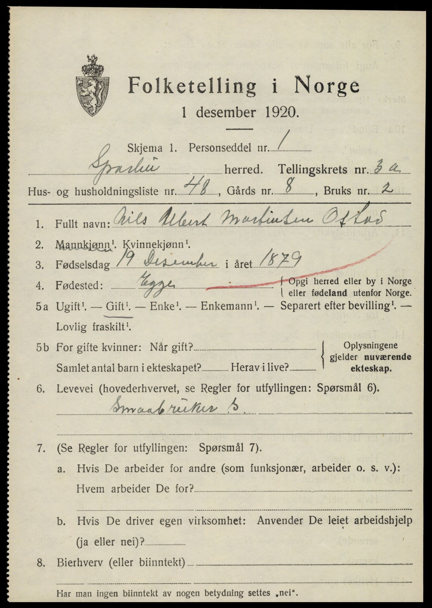 SAT, 1920 census for Sparbu, 1920, p. 4803