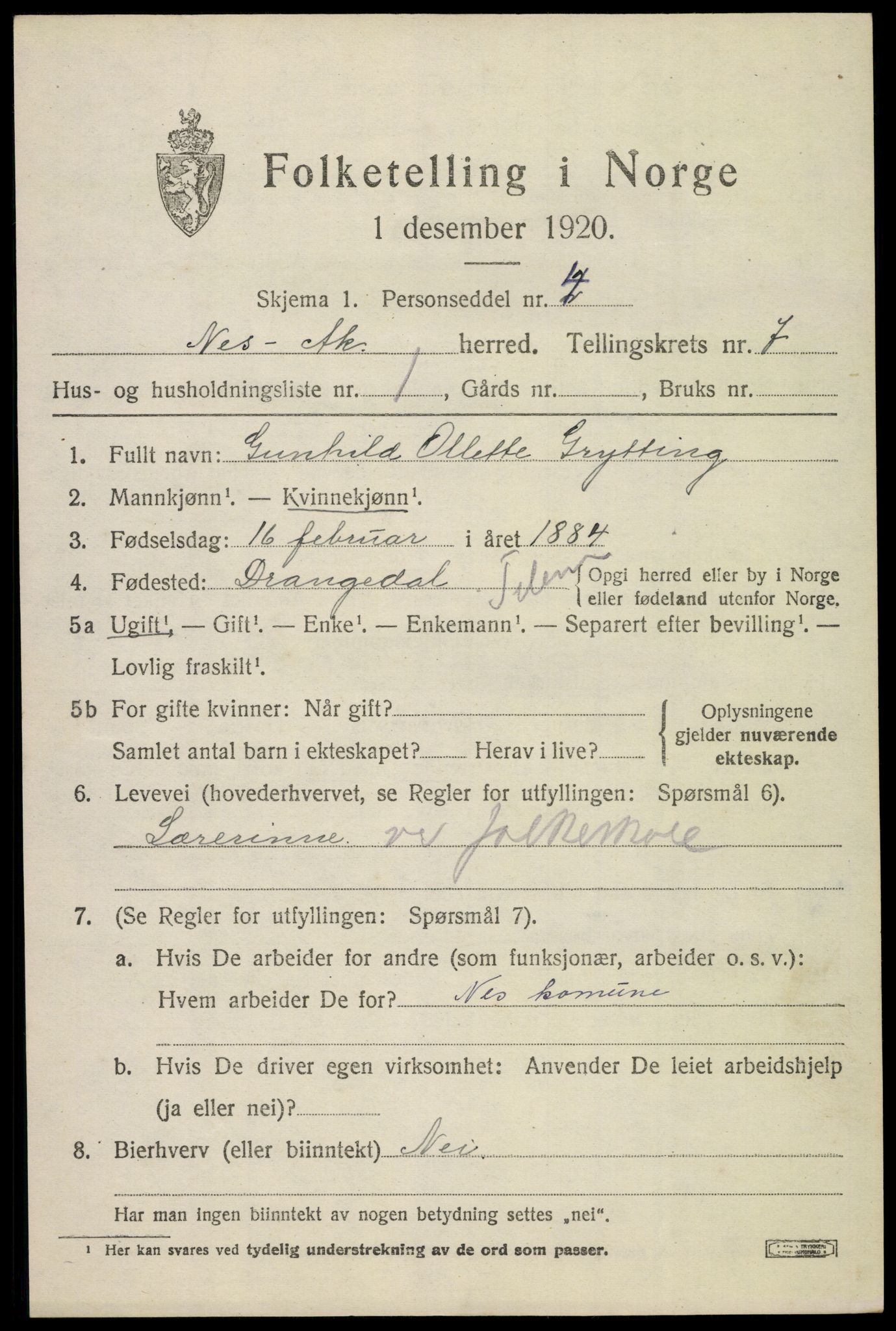 SAO, 1920 census for Nes, 1920, p. 8318