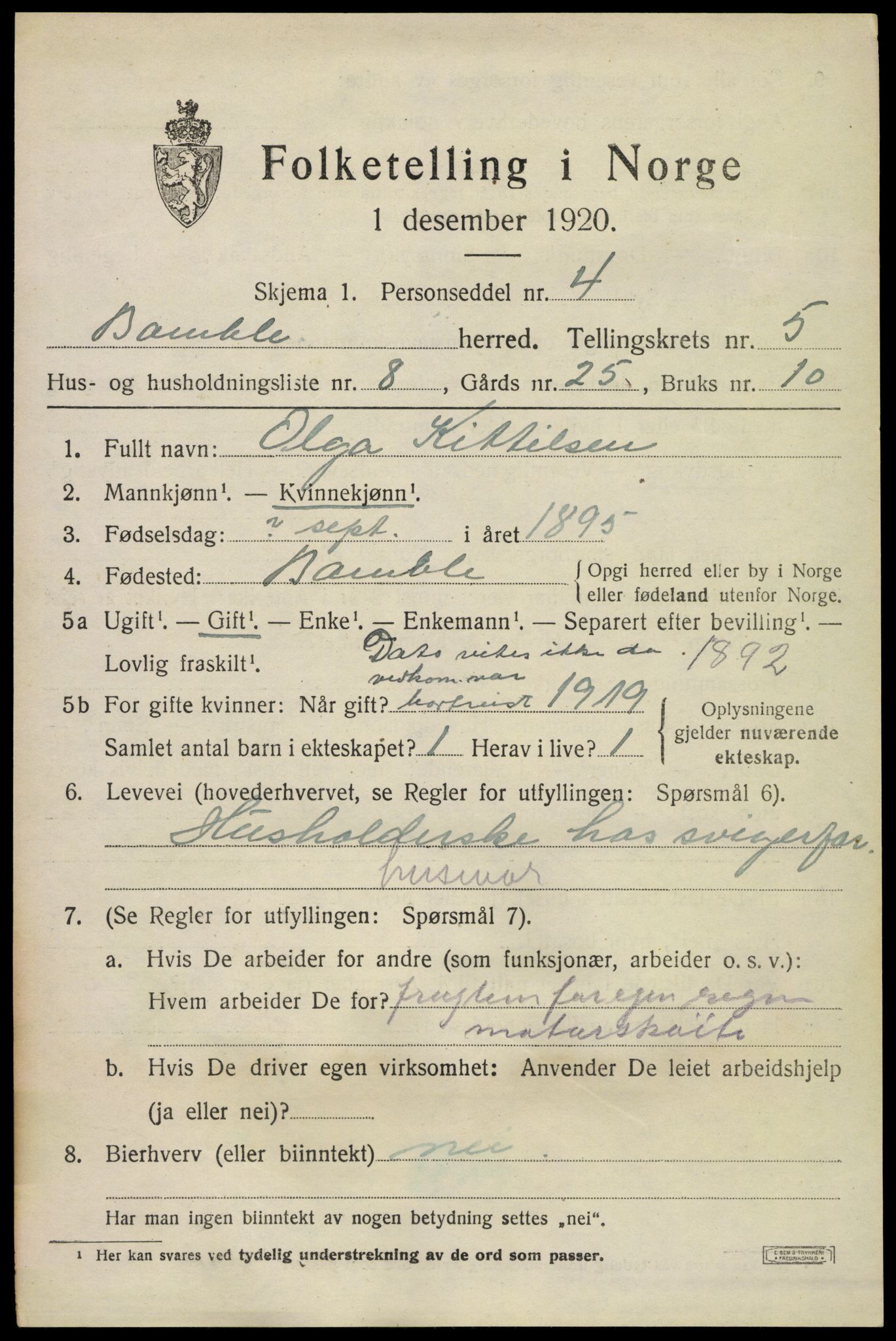 SAKO, 1920 census for Bamble, 1920, p. 5045