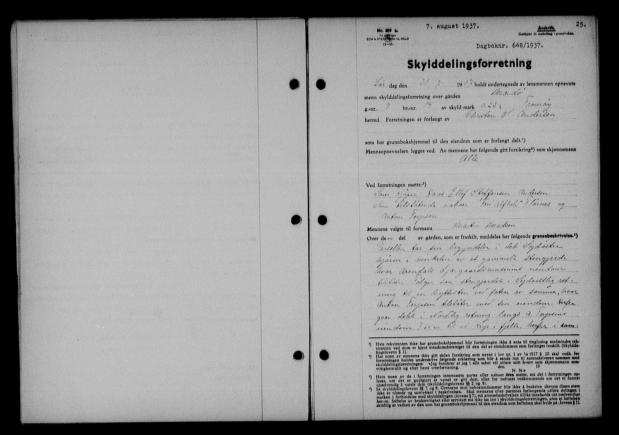 Nedenes sorenskriveri, SAK/1221-0006/G/Gb/Gba/L0044: Mortgage book no. 40, 1937-1938, Diary no: : 648/1937