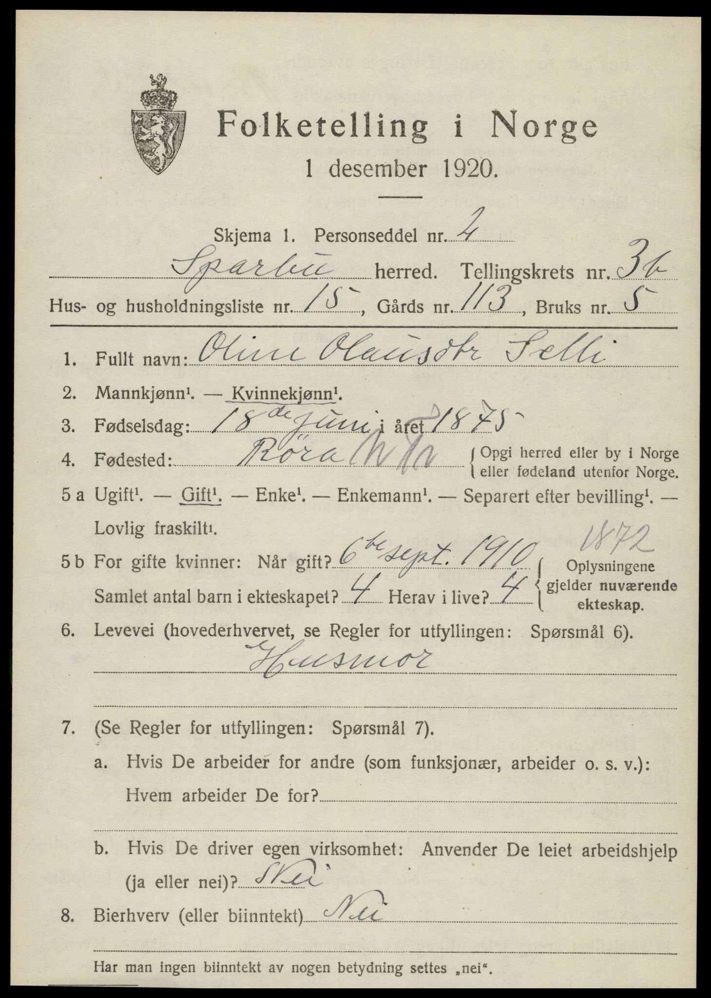 SAT, 1920 census for Sparbu, 1920, p. 4975