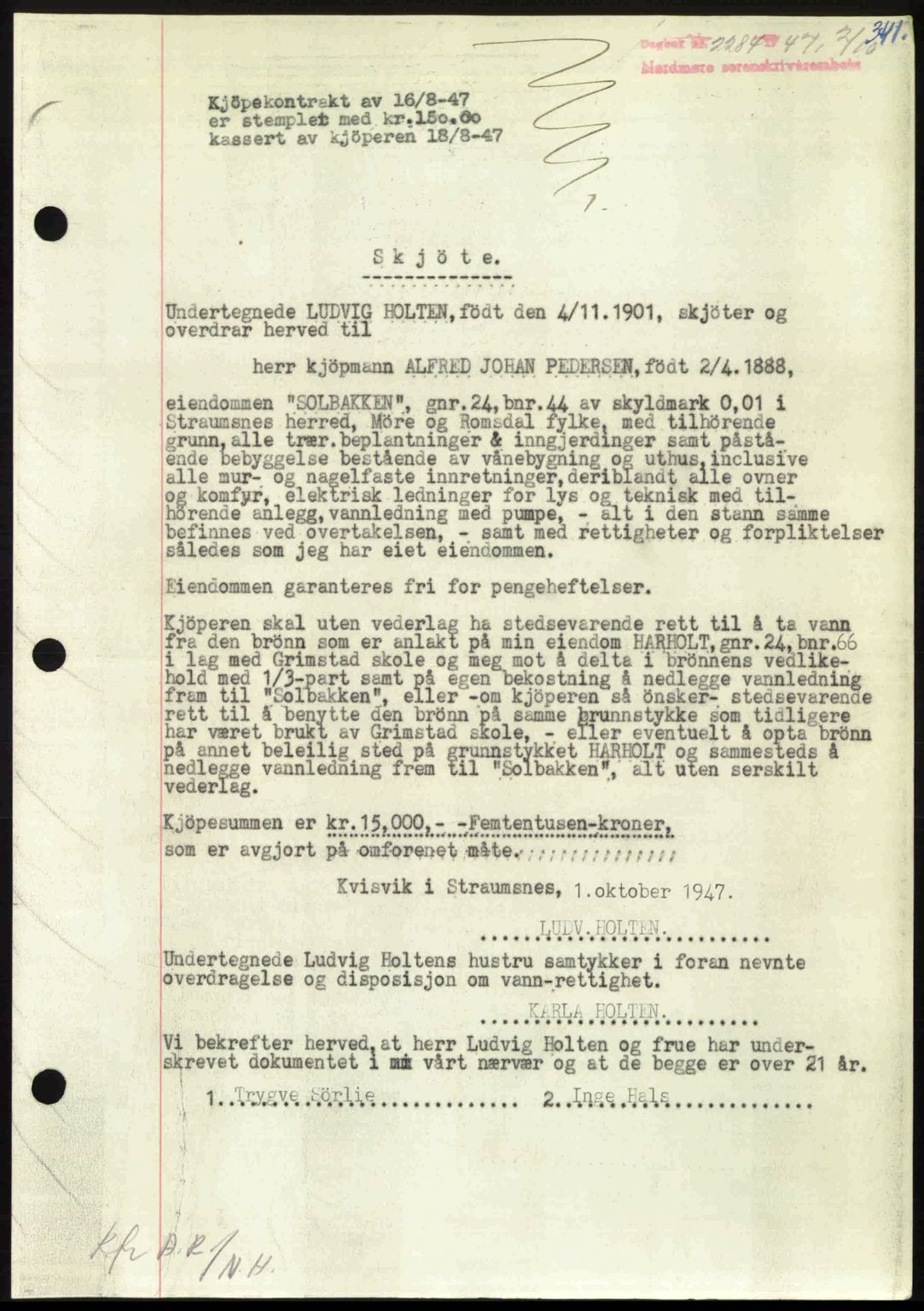 Nordmøre sorenskriveri, AV/SAT-A-4132/1/2/2Ca: Mortgage book no. A106, 1947-1947, Diary no: : 2284/1947