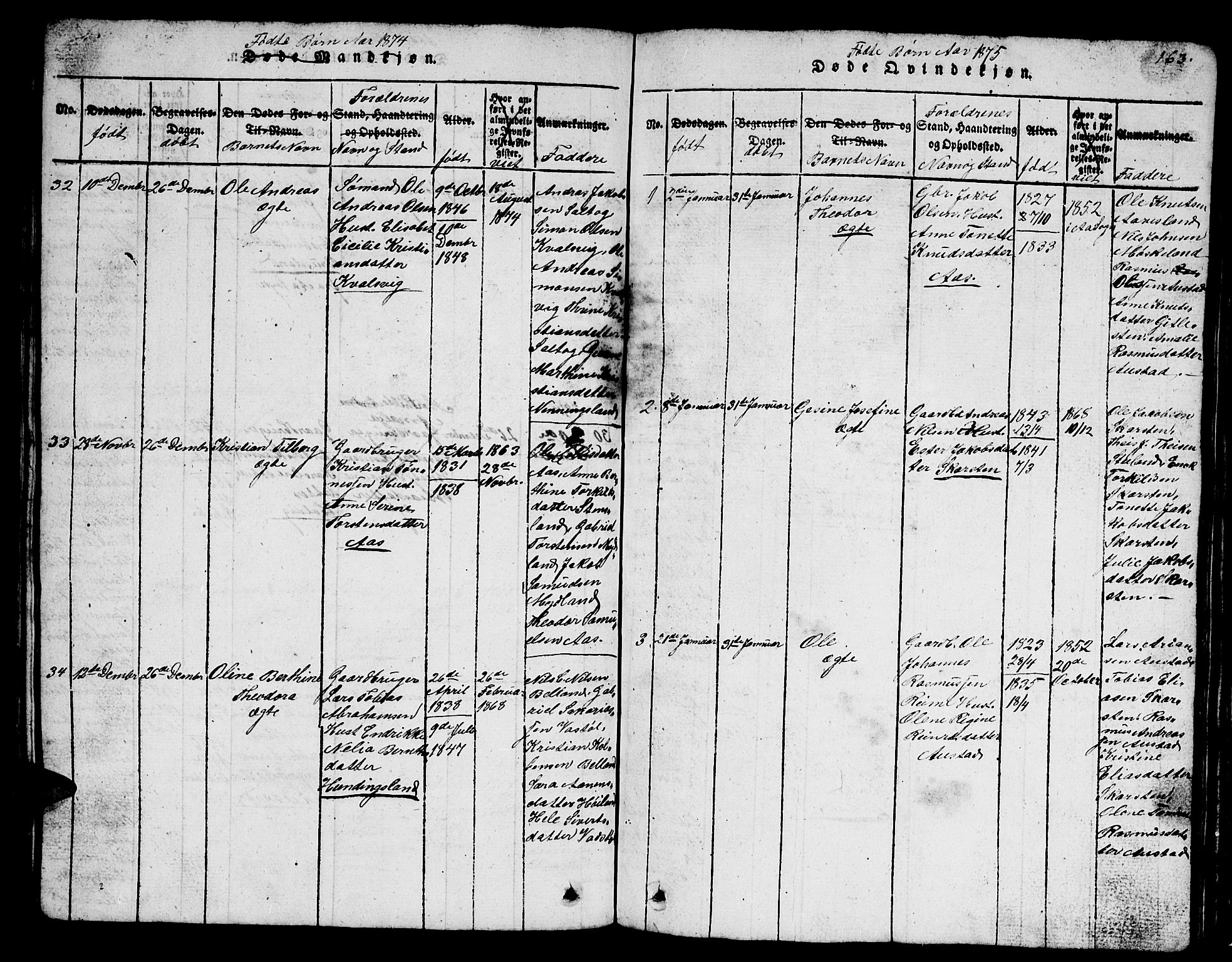 Lyngdal sokneprestkontor, SAK/1111-0029/F/Fb/Fba/L0001: Parish register (copy) no. B 1, 1816-1876, p. 163