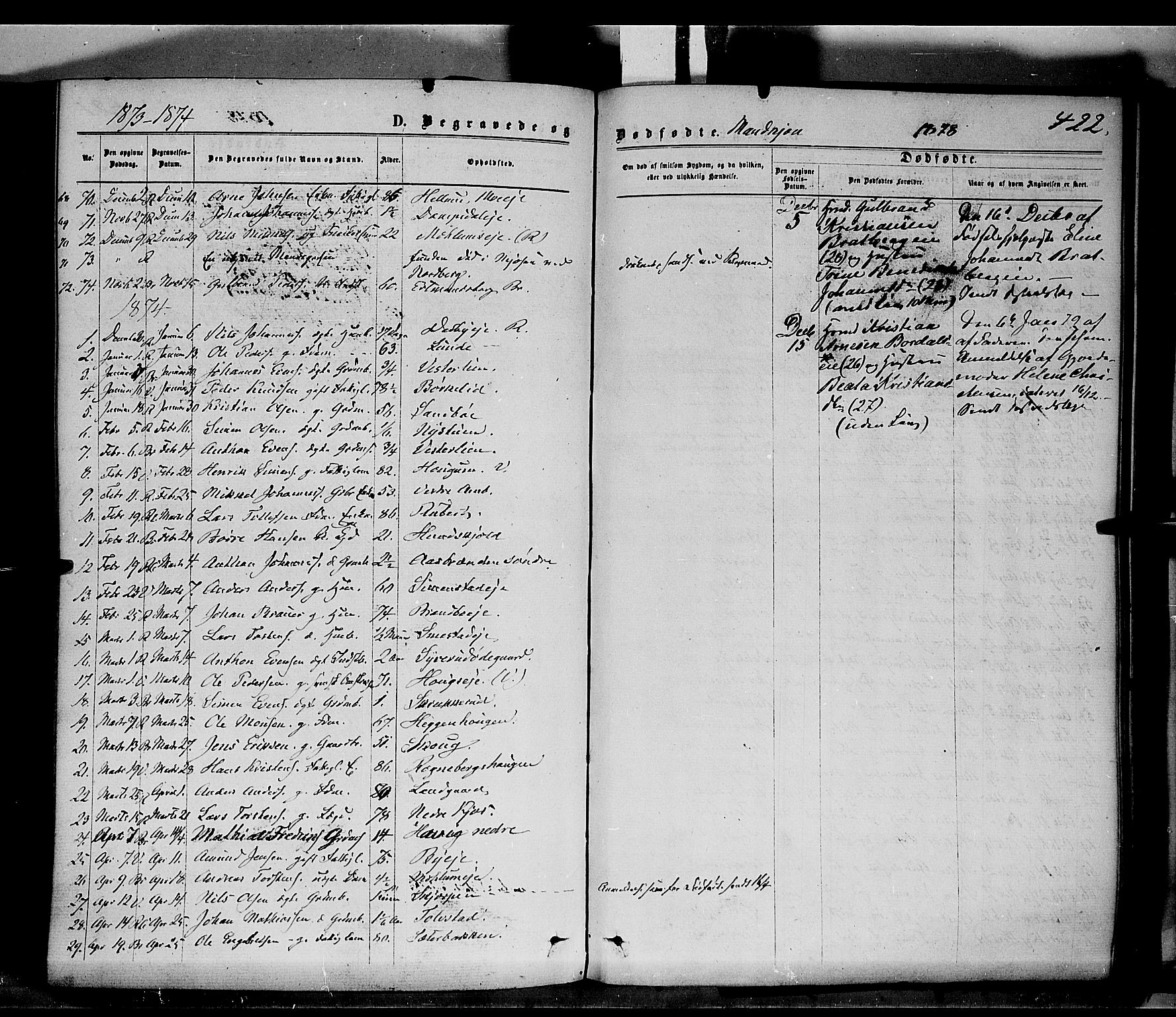 Ringsaker prestekontor, AV/SAH-PREST-014/K/Ka/L0011: Parish register (official) no. 11, 1870-1878, p. 422