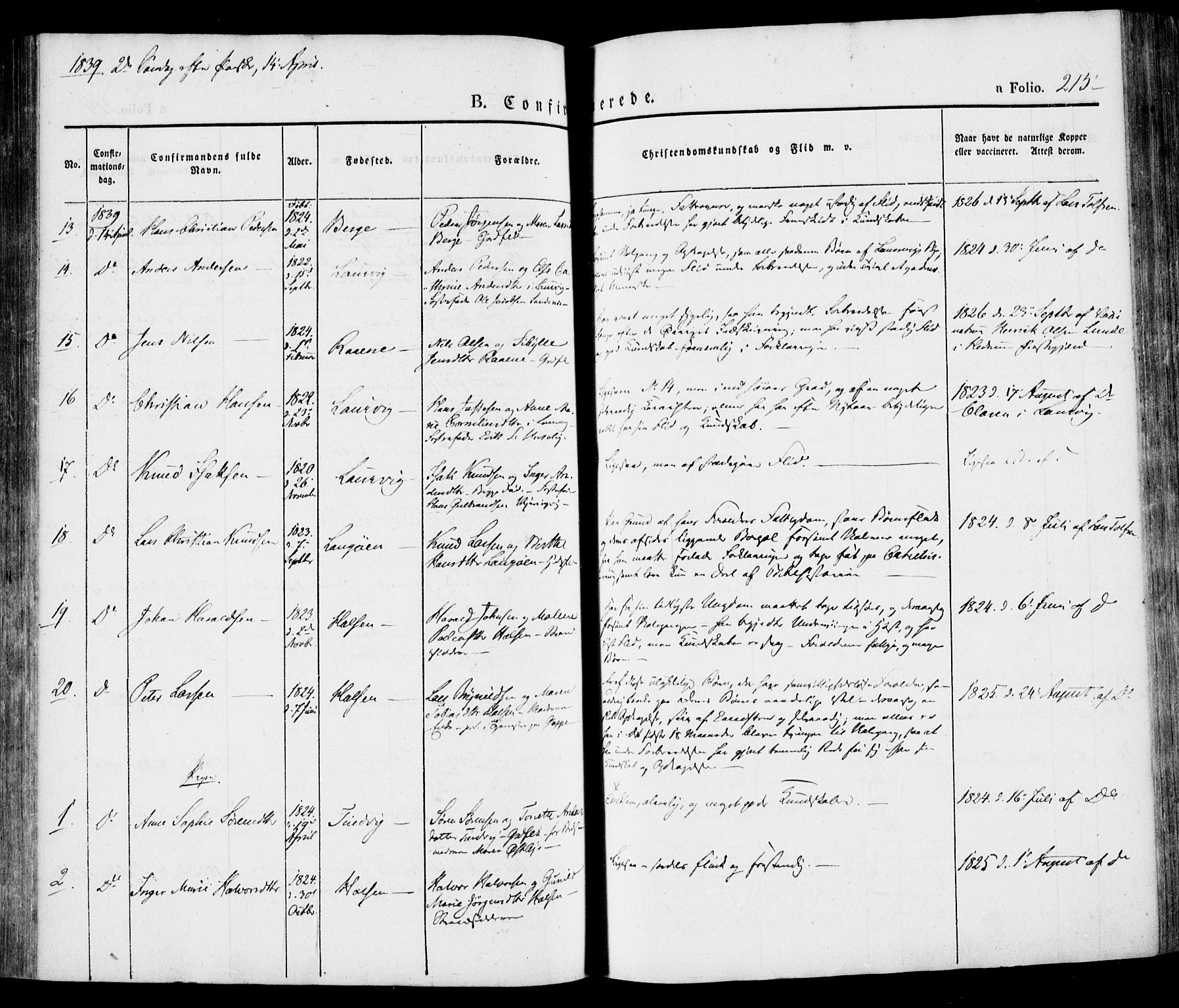 Tjølling kirkebøker, AV/SAKO-A-60/F/Fa/L0006: Parish register (official) no. 6, 1835-1859, p. 215