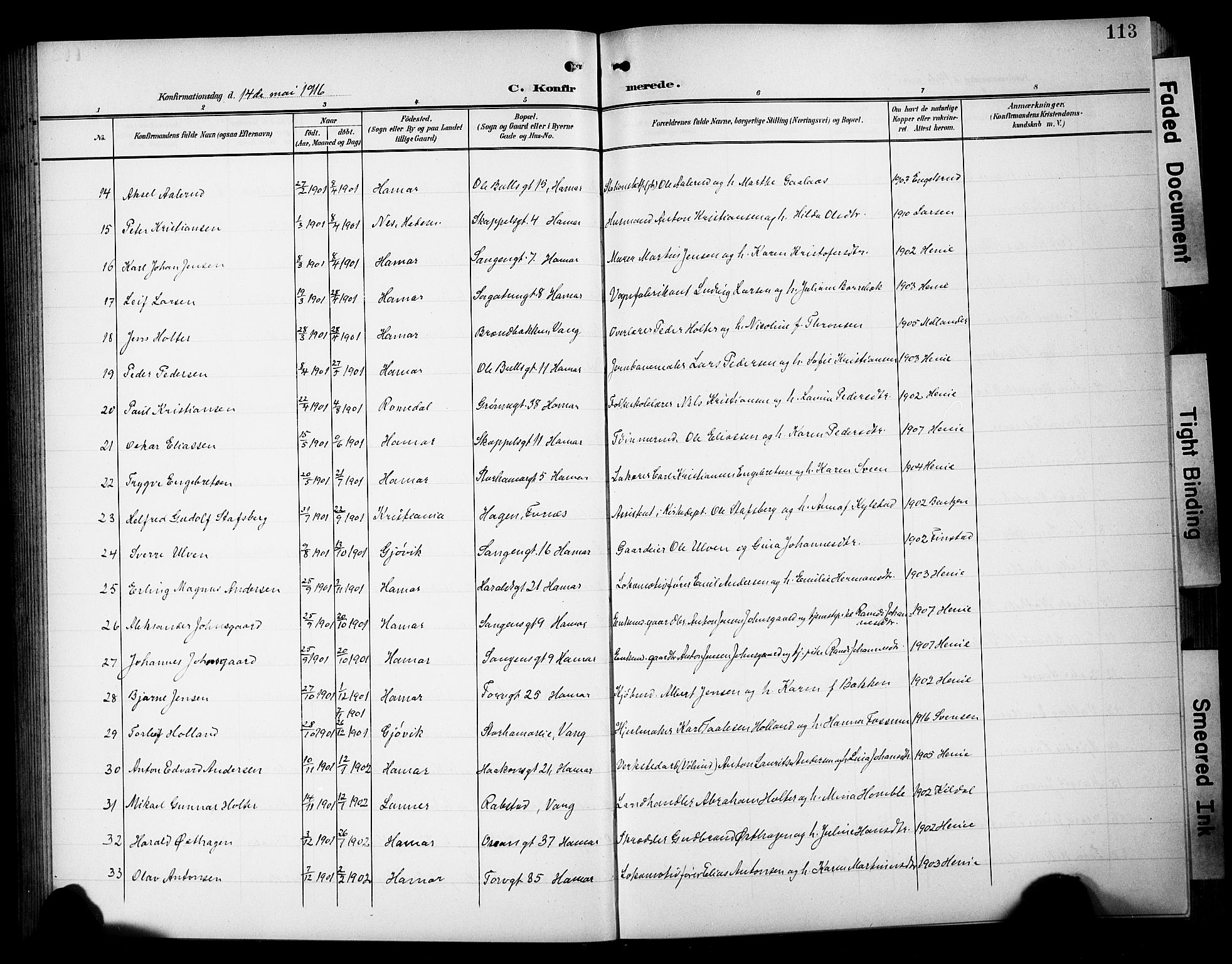 Hamar prestekontor, AV/SAH-DOMPH-002/H/Ha/Hab/L0002: Parish register (copy) no. 2, 1899-1929, p. 113