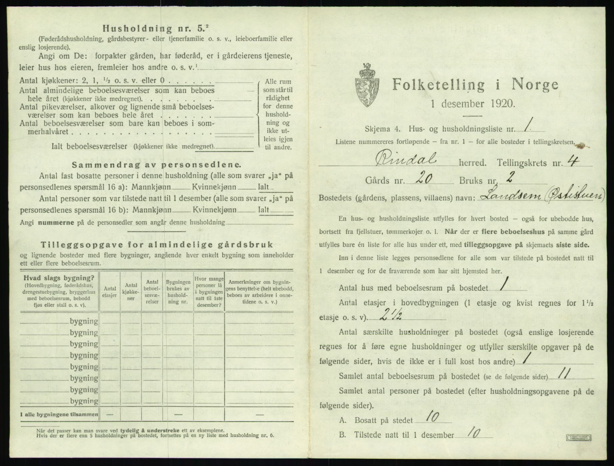 SAT, 1920 census for Rindal, 1920, p. 290