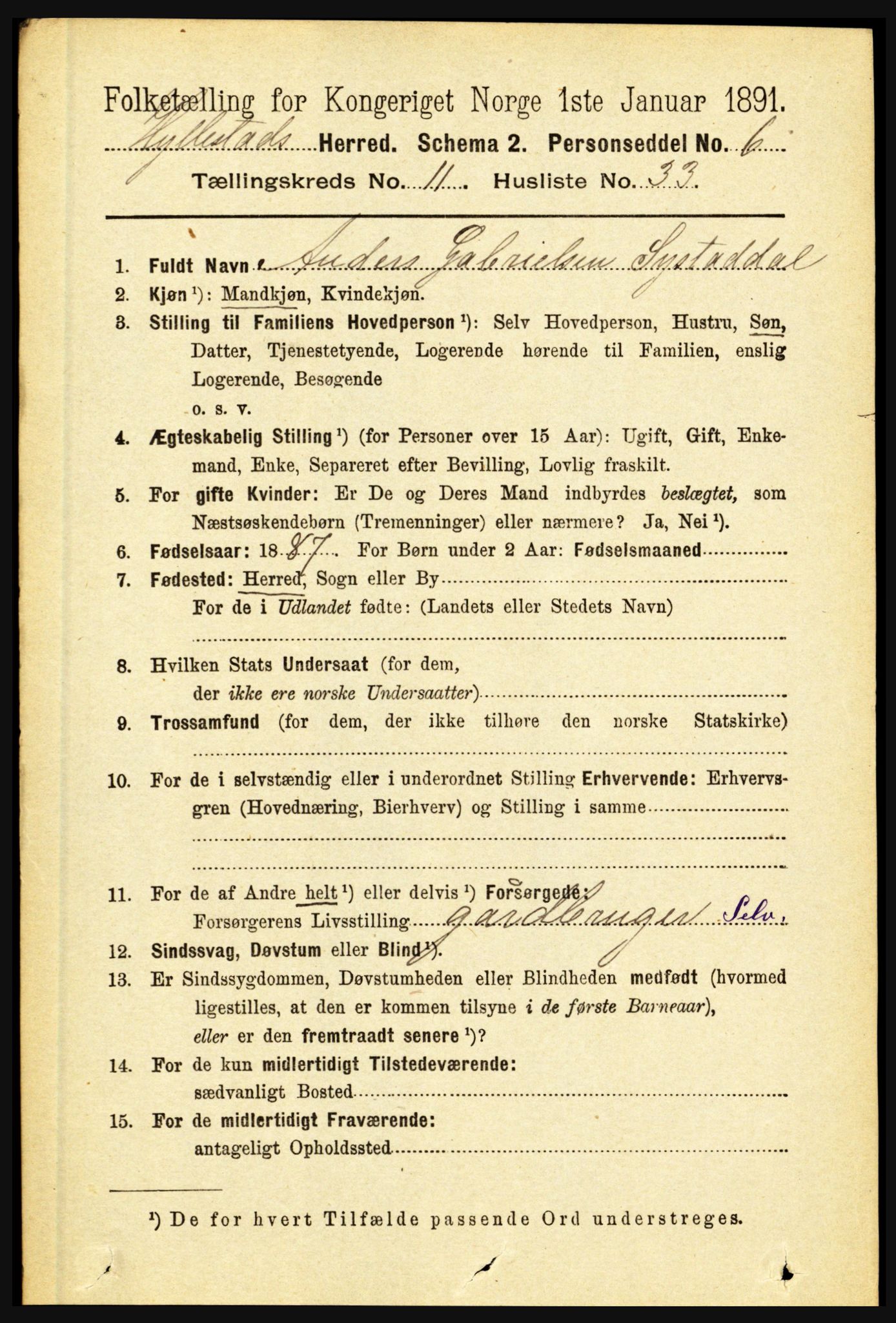 RA, 1891 census for 1413 Hyllestad, 1891, p. 2223