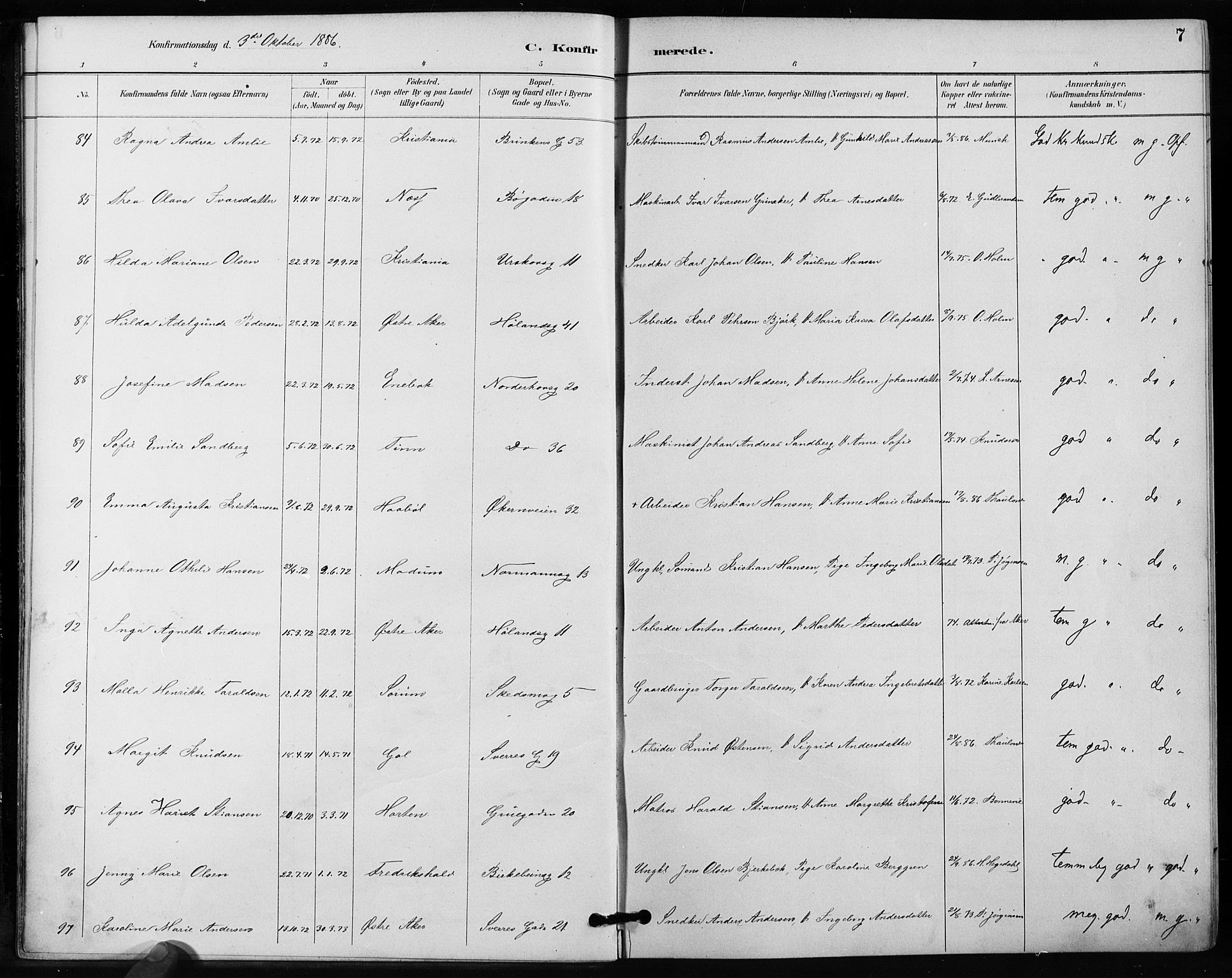 Kampen prestekontor Kirkebøker, SAO/A-10853/F/Fa/L0004: Parish register (official) no. I 4, 1885-1892, p. 7