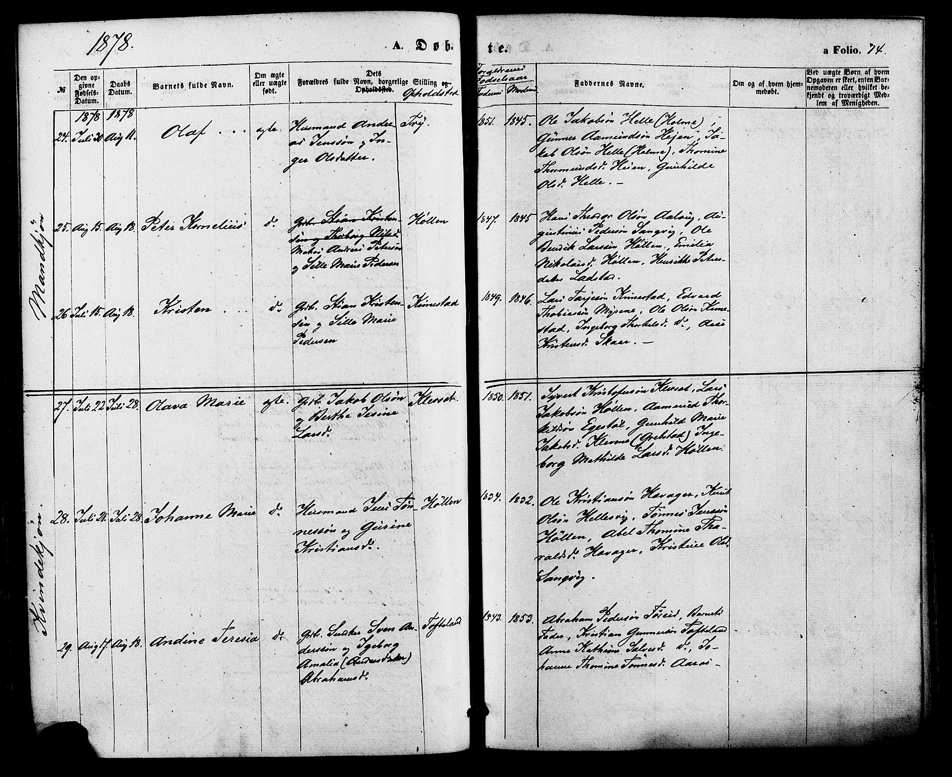 Søgne sokneprestkontor, AV/SAK-1111-0037/F/Fa/Fab/L0011: Parish register (official) no. A 11, 1869-1879, p. 74