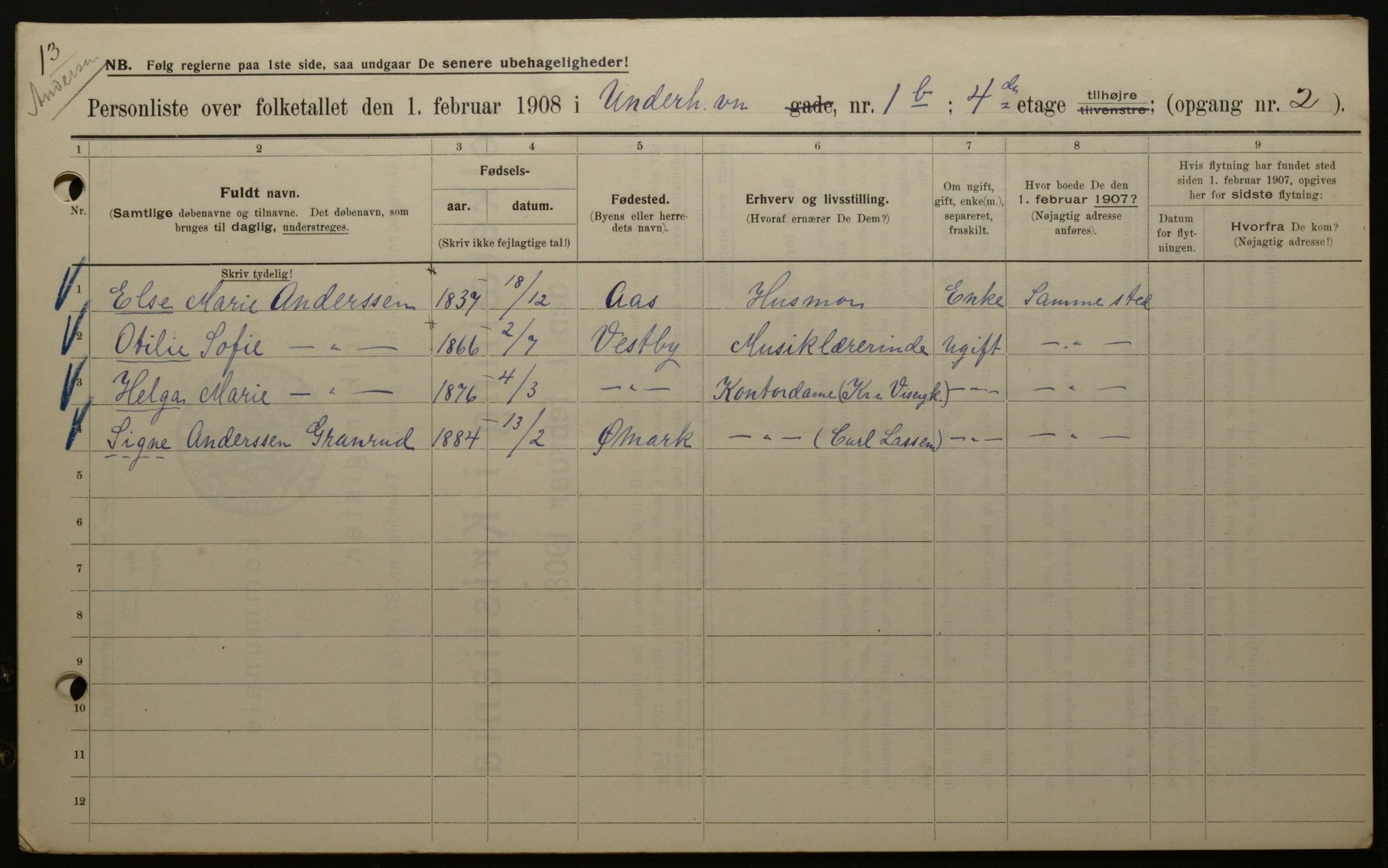 OBA, Municipal Census 1908 for Kristiania, 1908, p. 107496