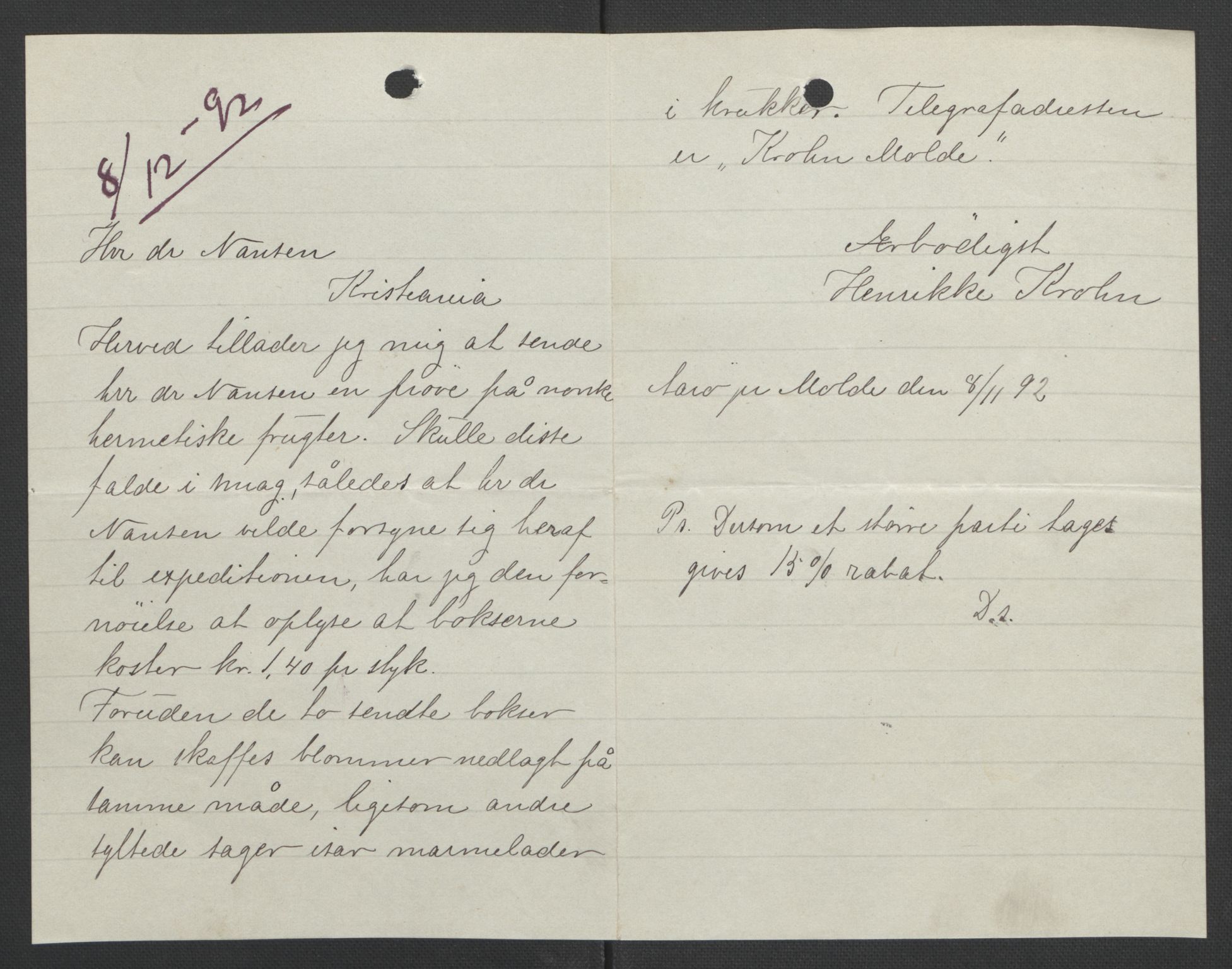 Arbeidskomitéen for Fridtjof Nansens polarekspedisjon, RA/PA-0061/D/L0004: Innk. brev og telegrammer vedr. proviant og utrustning, 1892-1893, p. 350