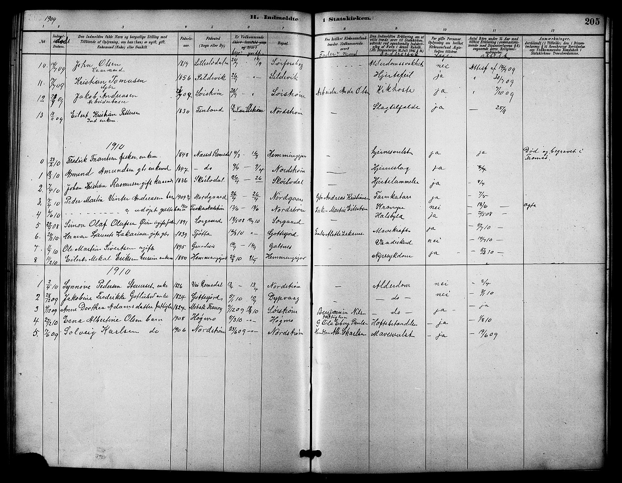 Tranøy sokneprestkontor, SATØ/S-1313/I/Ia/Iab/L0022klokker: Parish register (copy) no. 22, 1887-1912, p. 205
