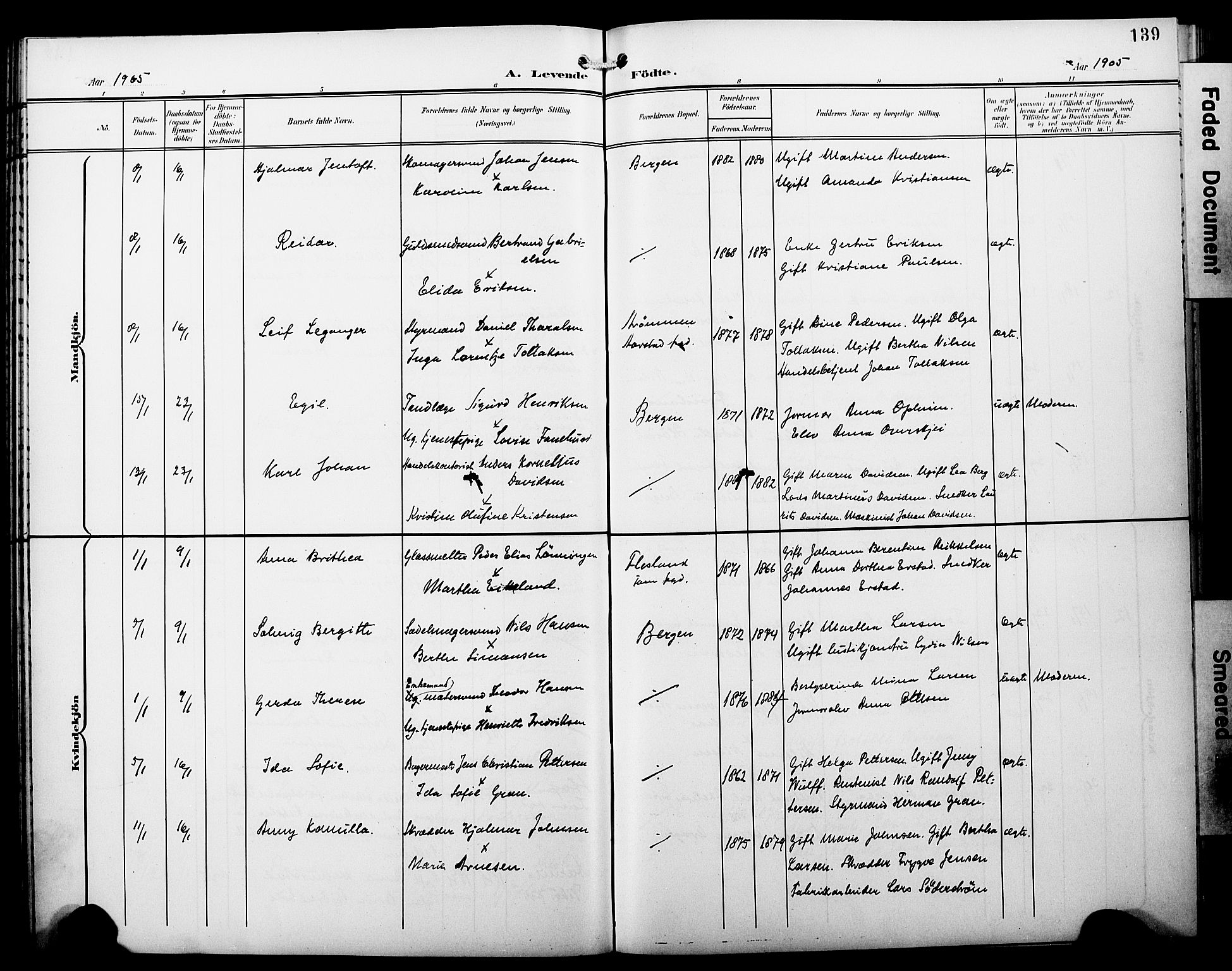 Fødselsstiftelsens sokneprestembete*, SAB/-: Parish register (copy) no. A 1, 1900-1909, p. 139