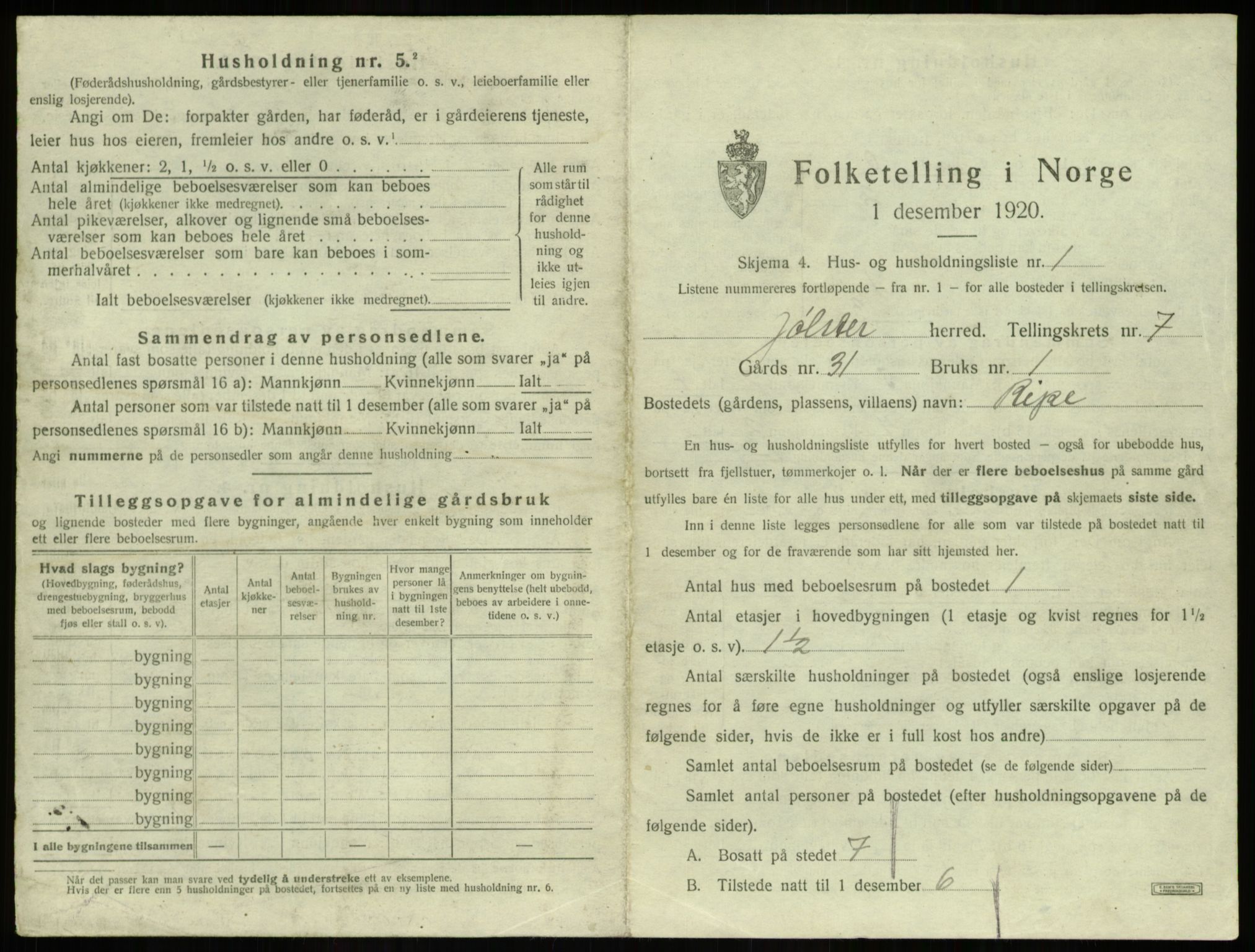 SAB, 1920 census for Jølster, 1920, p. 441
