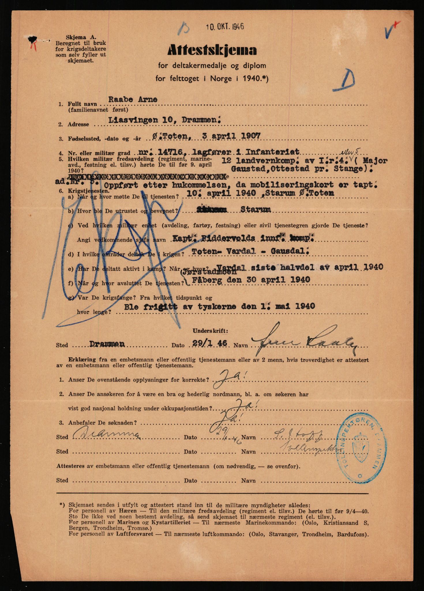 Forsvaret, Jegerkorpset - Akershus infantriregiment nr. 4, AV/RA-RAFA-2947/D/Dd/L0056: DELTAKERMEDALJEN 2. VERDENSKRIG BOKS 4 N-Ø, 1945-1950, p. 252