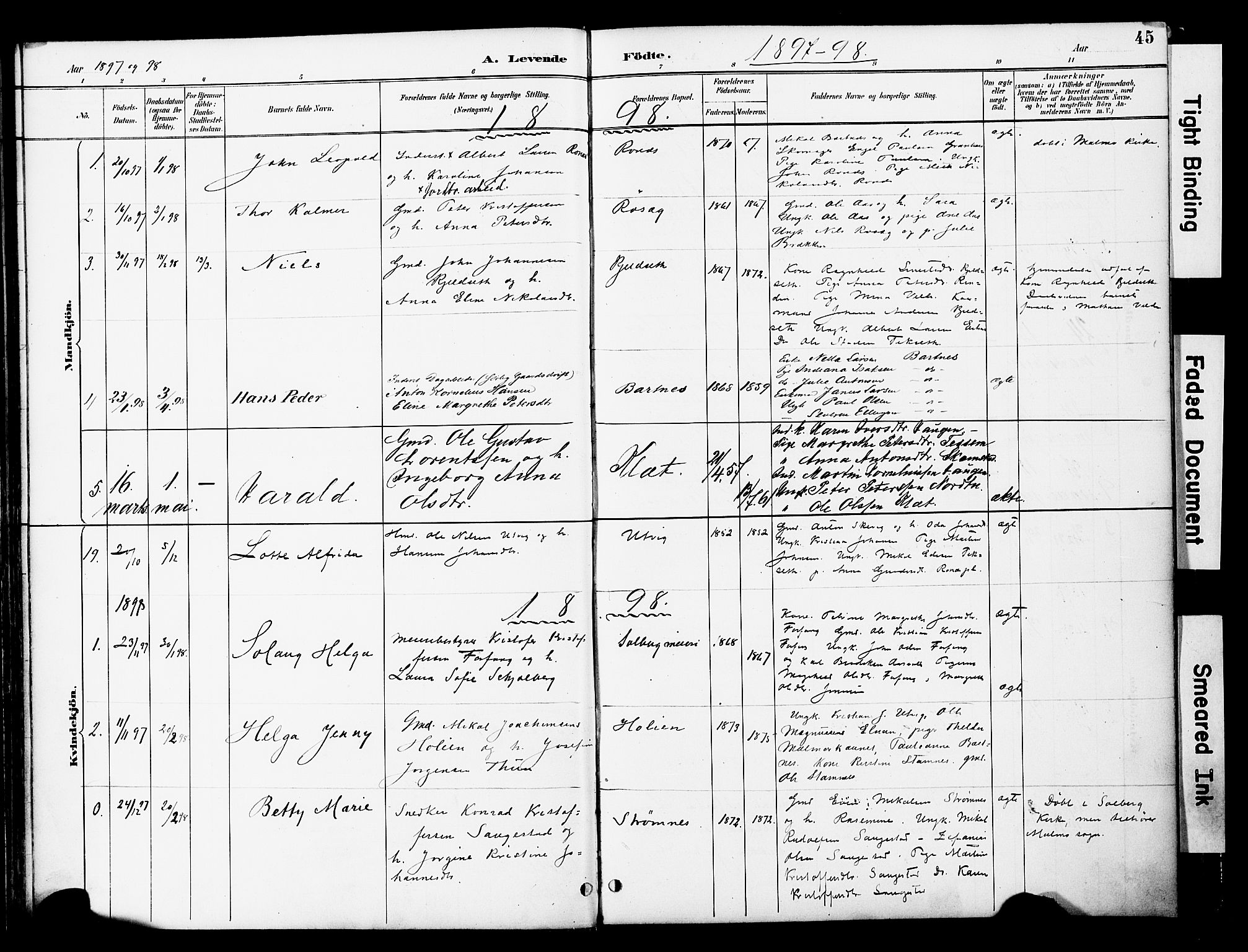 Ministerialprotokoller, klokkerbøker og fødselsregistre - Nord-Trøndelag, SAT/A-1458/741/L0396: Parish register (official) no. 741A10, 1889-1901, p. 45