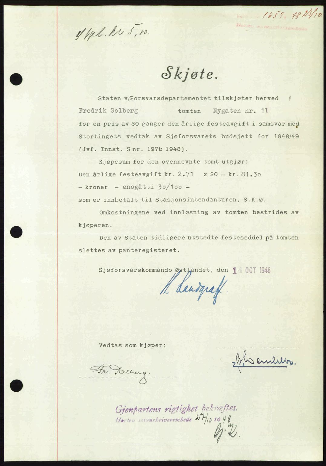 Horten sorenskriveri, AV/SAKO-A-133/G/Ga/Gaa/L0011: Mortgage book no. A-11, 1948-1948, Diary no: : 1657/1948