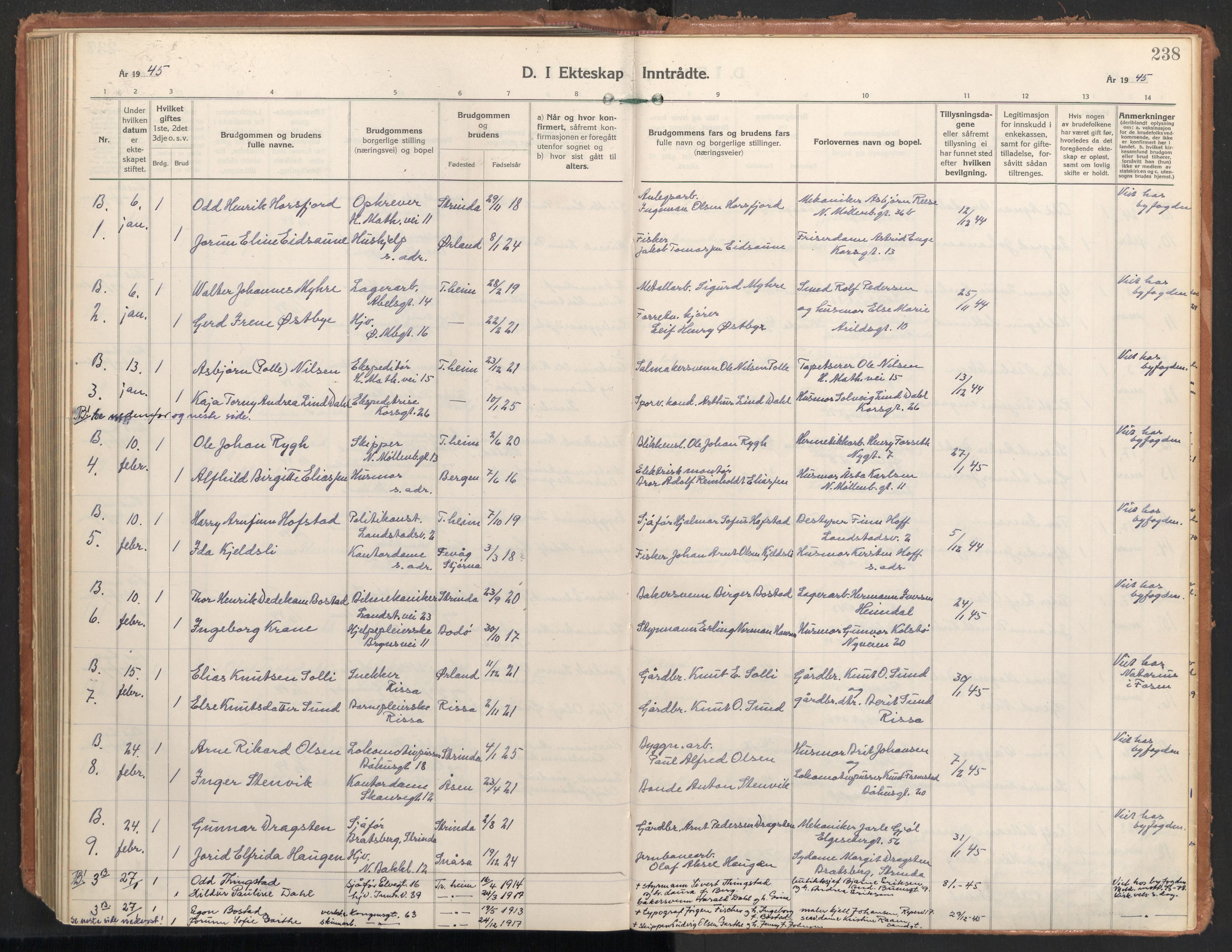 Ministerialprotokoller, klokkerbøker og fødselsregistre - Sør-Trøndelag, SAT/A-1456/604/L0209: Parish register (official) no. 604A29, 1931-1945, p. 238