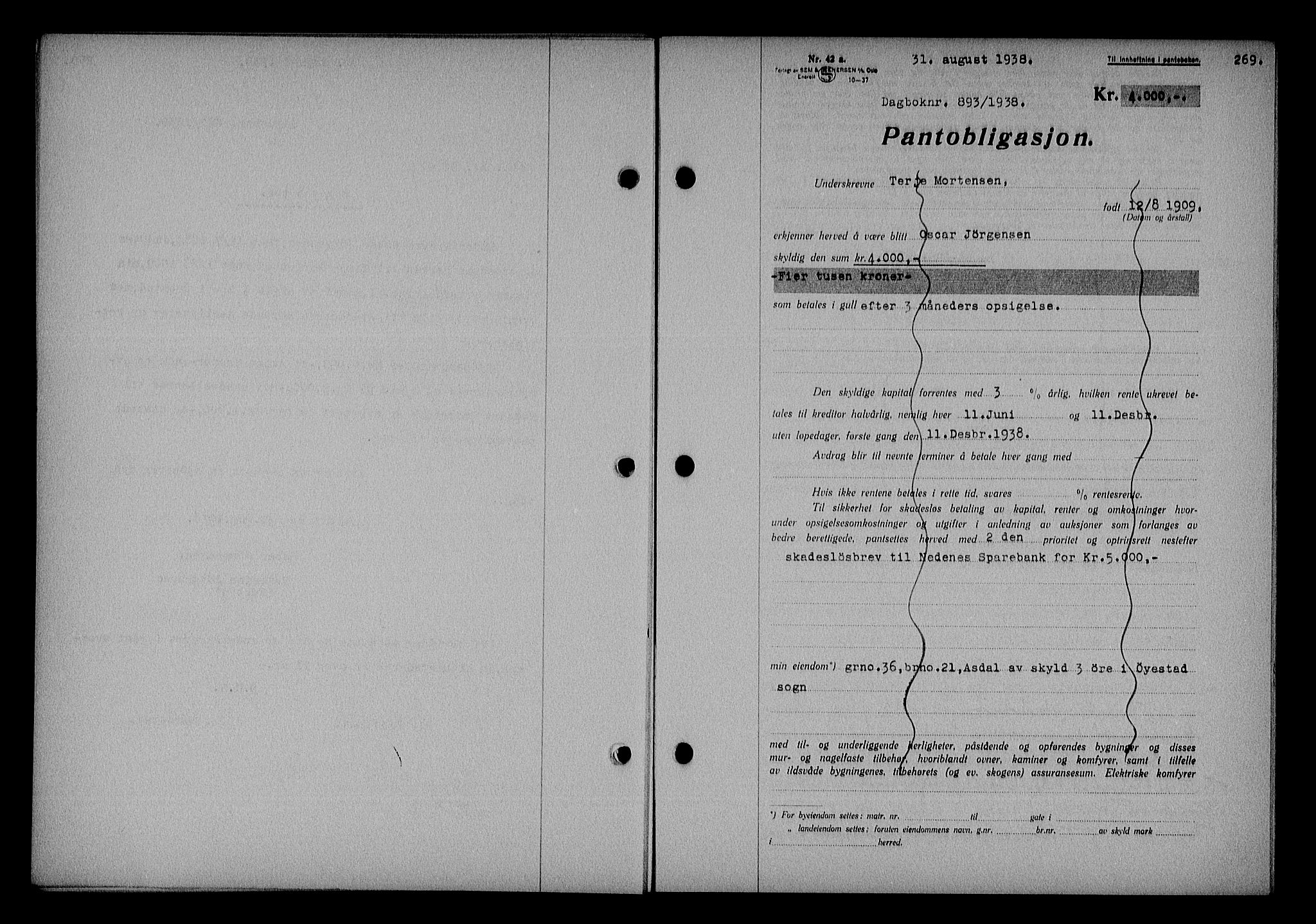 Nedenes sorenskriveri, SAK/1221-0006/G/Gb/Gba/L0045: Mortgage book no. 41, 1938-1938, Diary no: : 893/1938