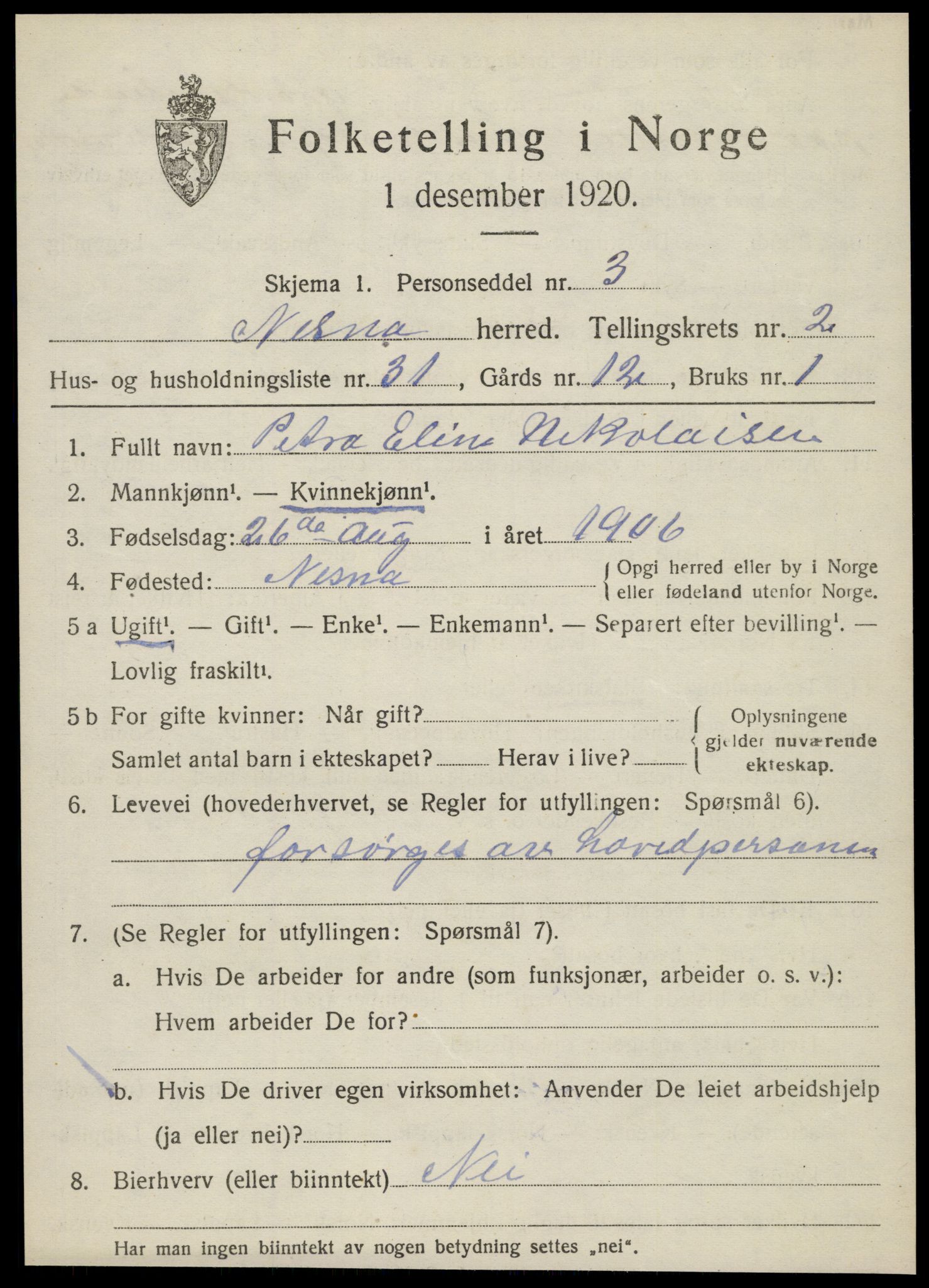 SAT, 1920 census for Nesna, 1920, p. 2079