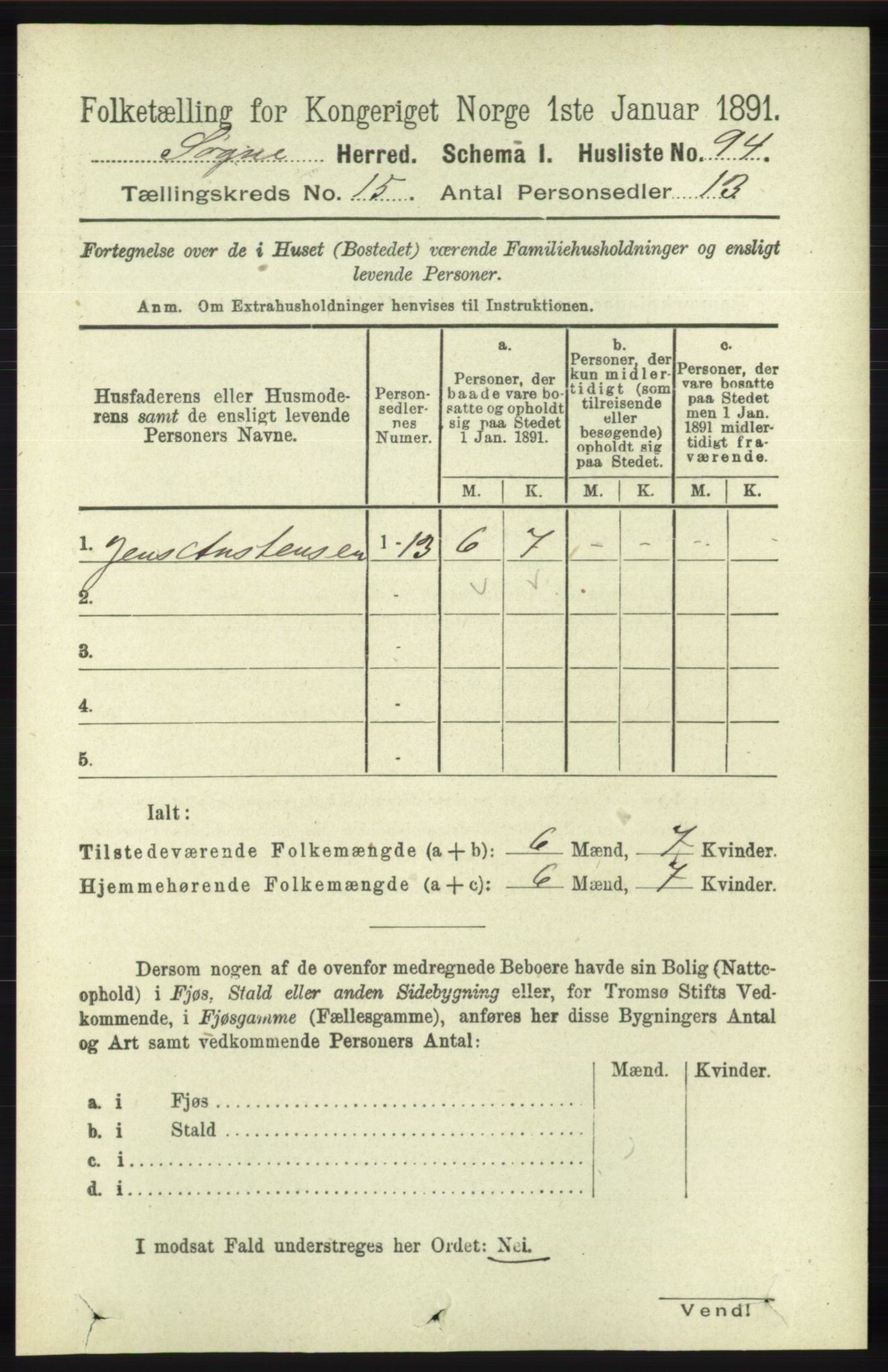 RA, 1891 census for 1018 Søgne, 1891, p. 3891