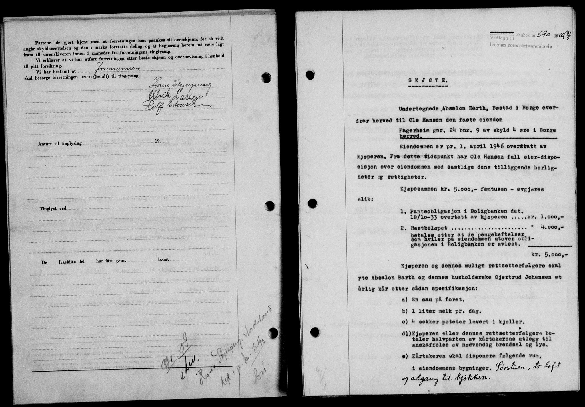 Lofoten sorenskriveri, SAT/A-0017/1/2/2C/L0014a: Mortgage book no. 14a, 1946-1946, Diary no: : 590/1946