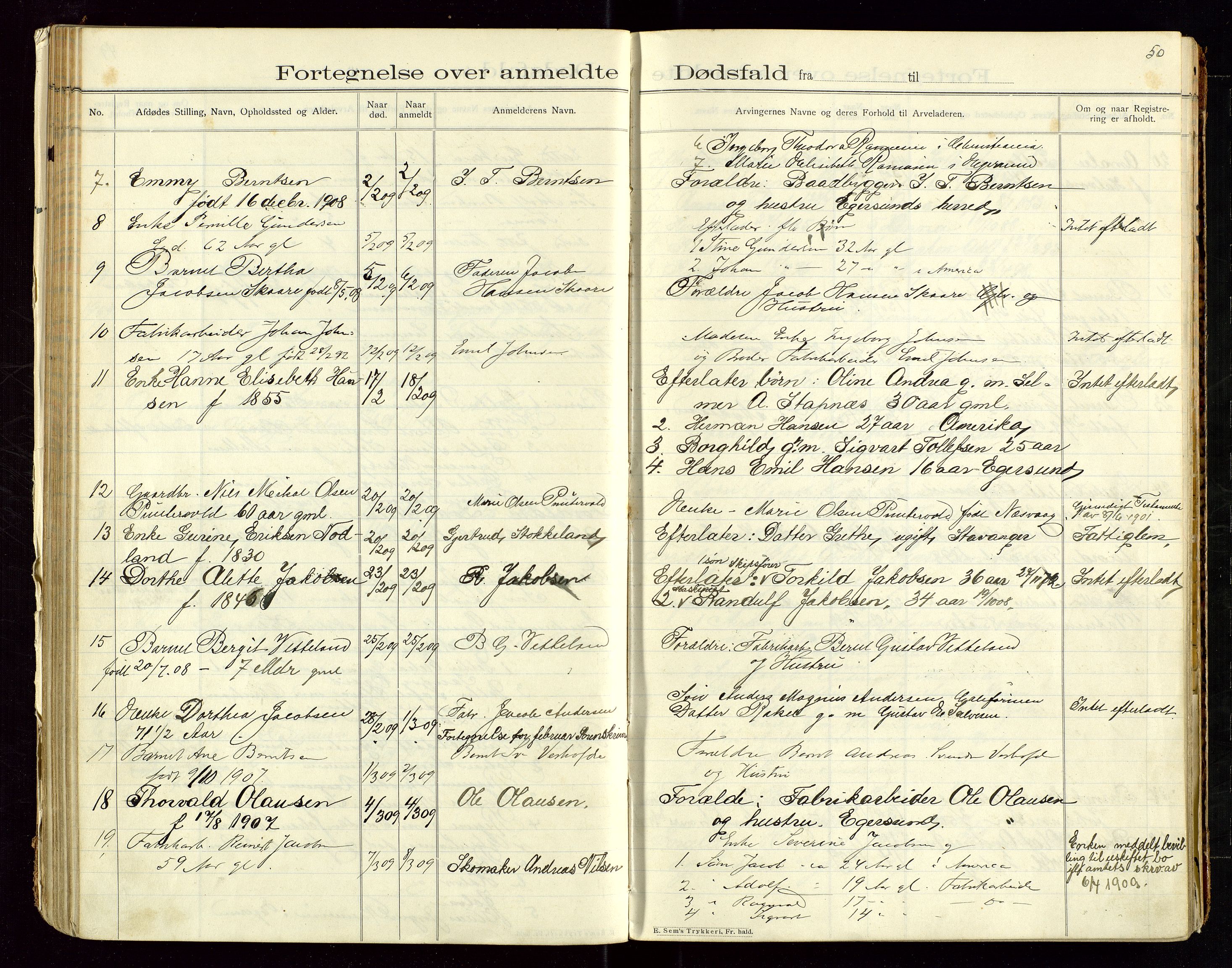 Eigersund lensmannskontor, SAST/A-100171/Gga/L0005: "Dødsfalds-Protokol" m/alfabetisk navneregister, 1905-1913, p. 50