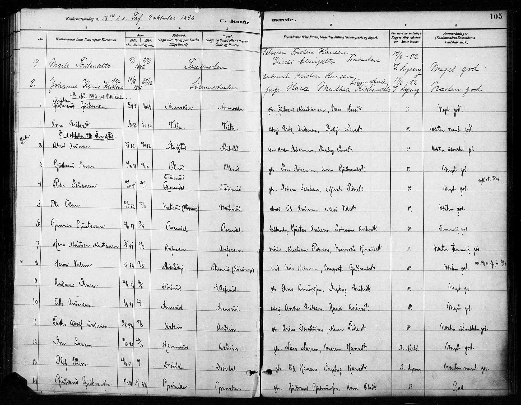 Gran prestekontor, SAH/PREST-112/H/Ha/Haa/L0018: Parish register (official) no. 18, 1889-1899, p. 105