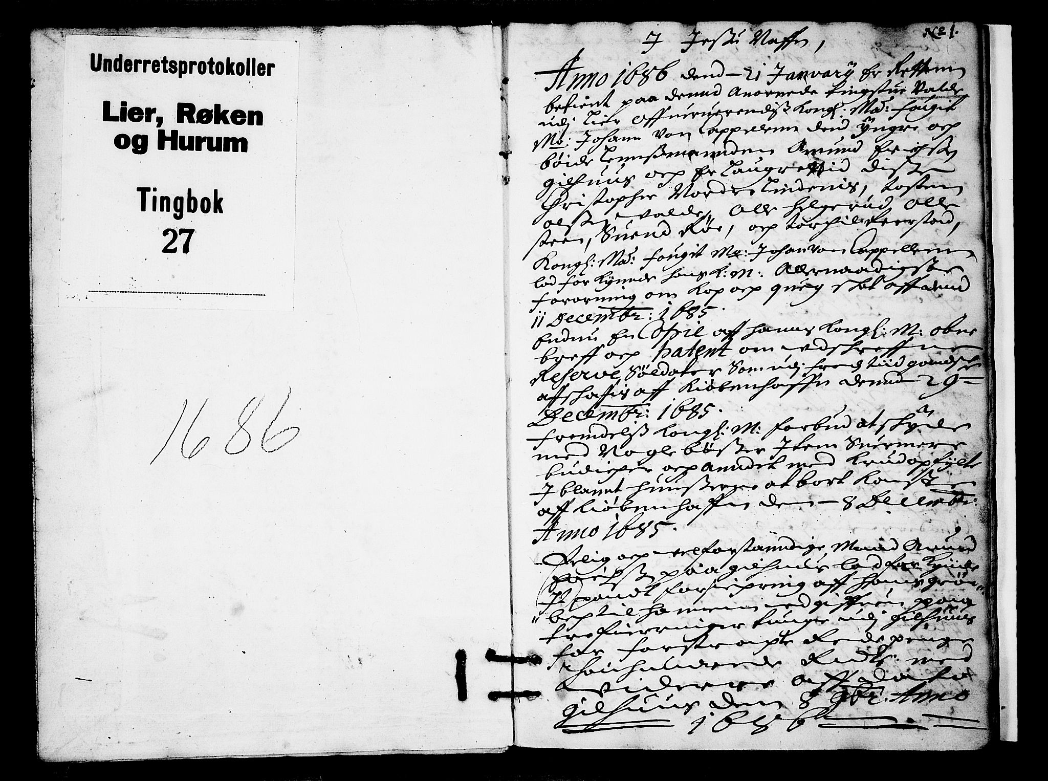Lier, Røyken og Hurum sorenskriveri, AV/SAKO-A-89/F/Fa/L0027: Tingbok, 1686, p. 1