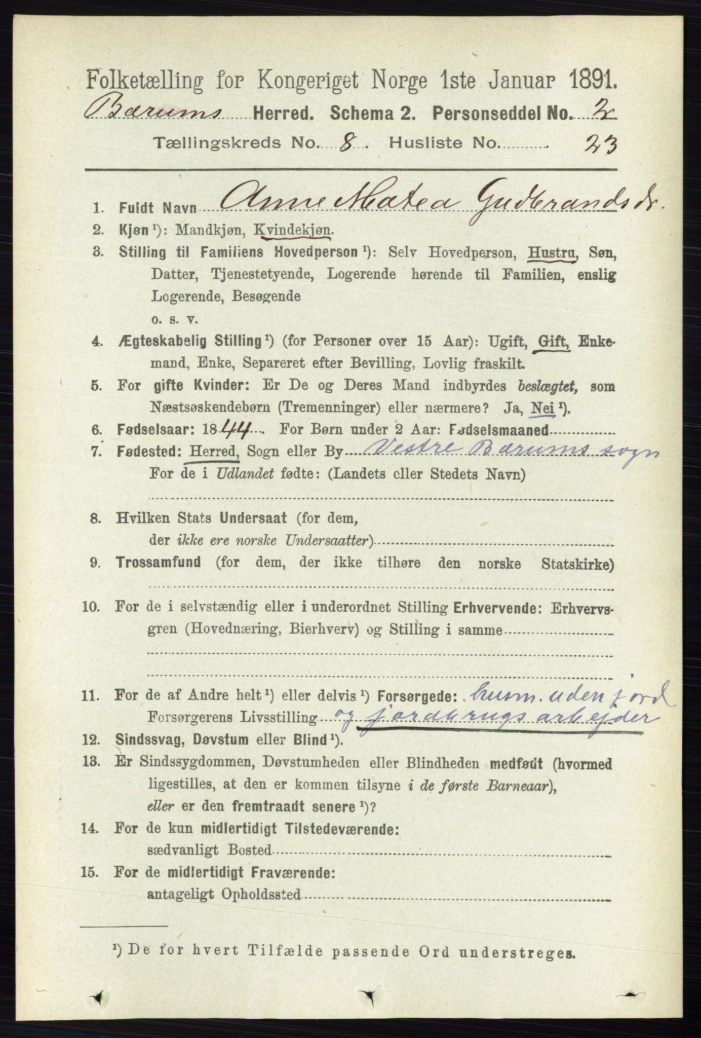 RA, 1891 census for 0219 Bærum, 1891, p. 4665