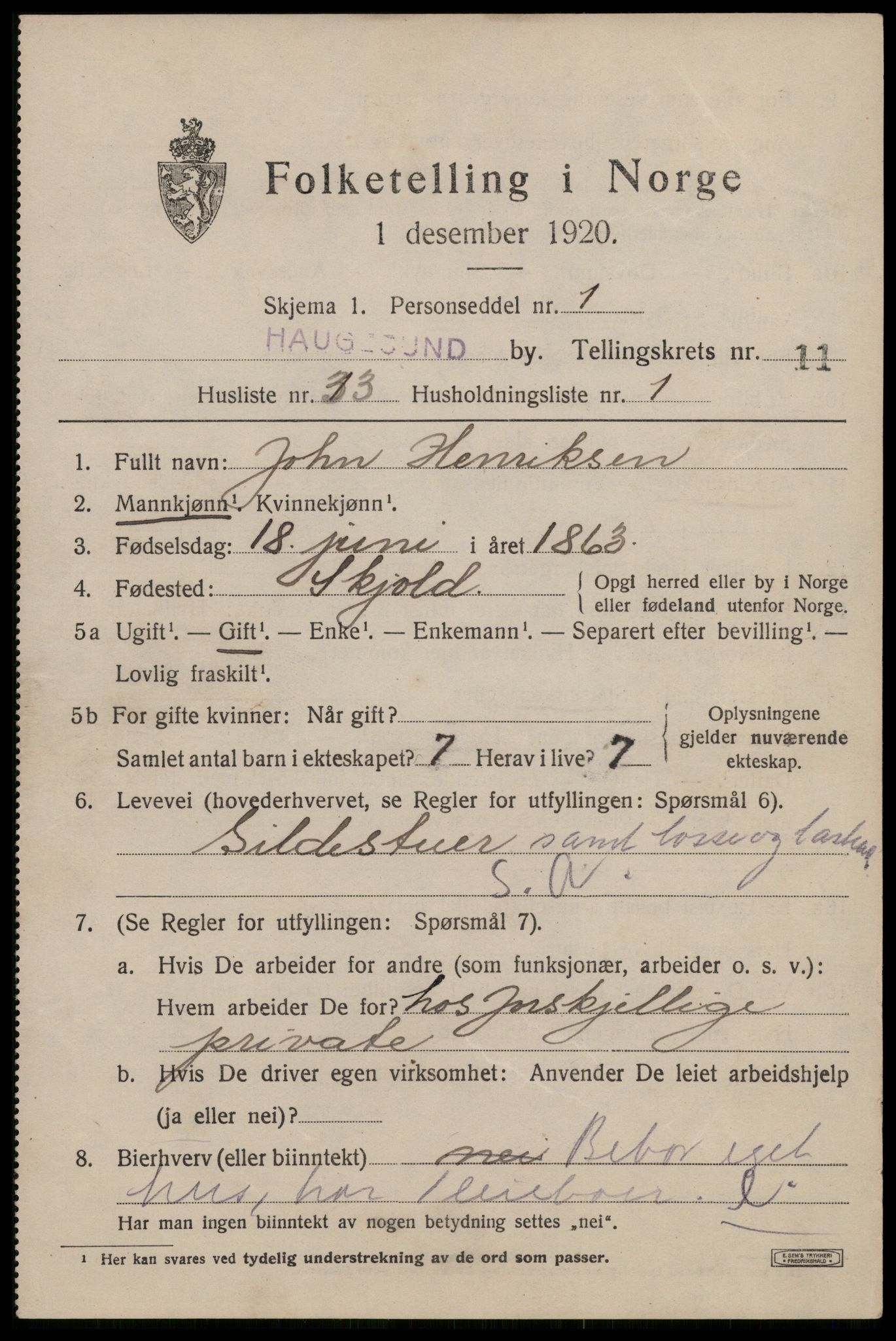 SAST, 1920 census for Haugesund, 1920, p. 36927