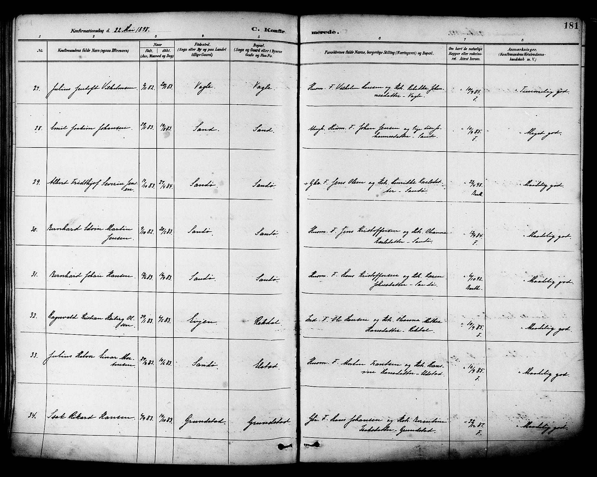 Ministerialprotokoller, klokkerbøker og fødselsregistre - Nordland, AV/SAT-A-1459/880/L1133: Parish register (official) no. 880A07, 1888-1898, p. 181