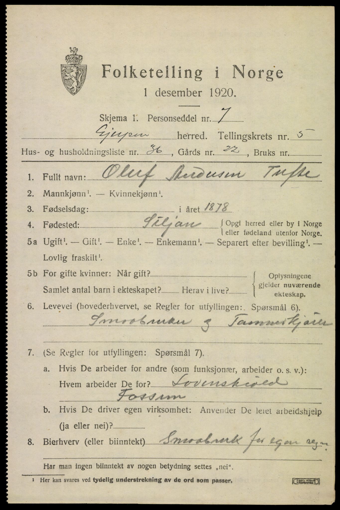 SAKO, 1920 census for Gjerpen, 1920, p. 6844