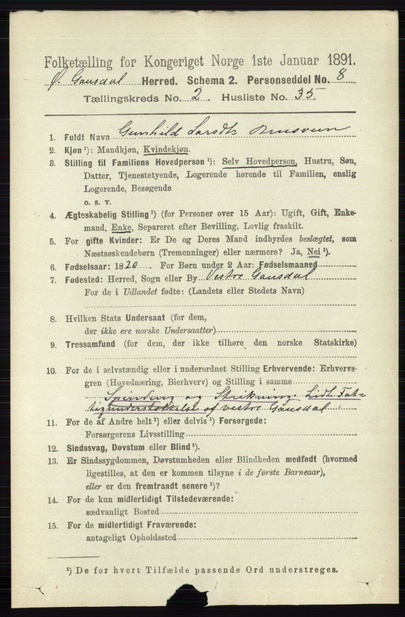 RA, 1891 census for 0522 Østre Gausdal, 1891, p. 1438