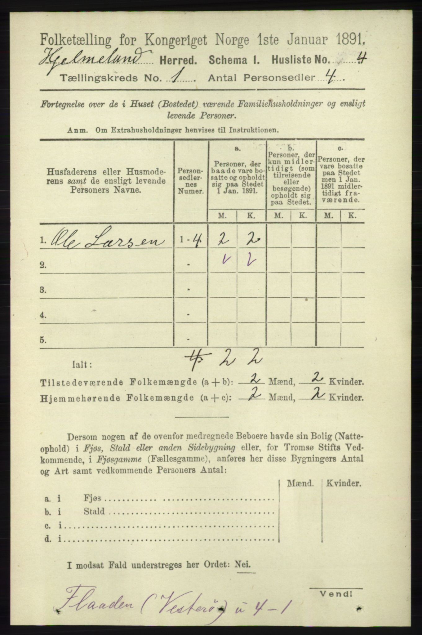 RA, 1891 census for 1133 Hjelmeland, 1891, p. 26