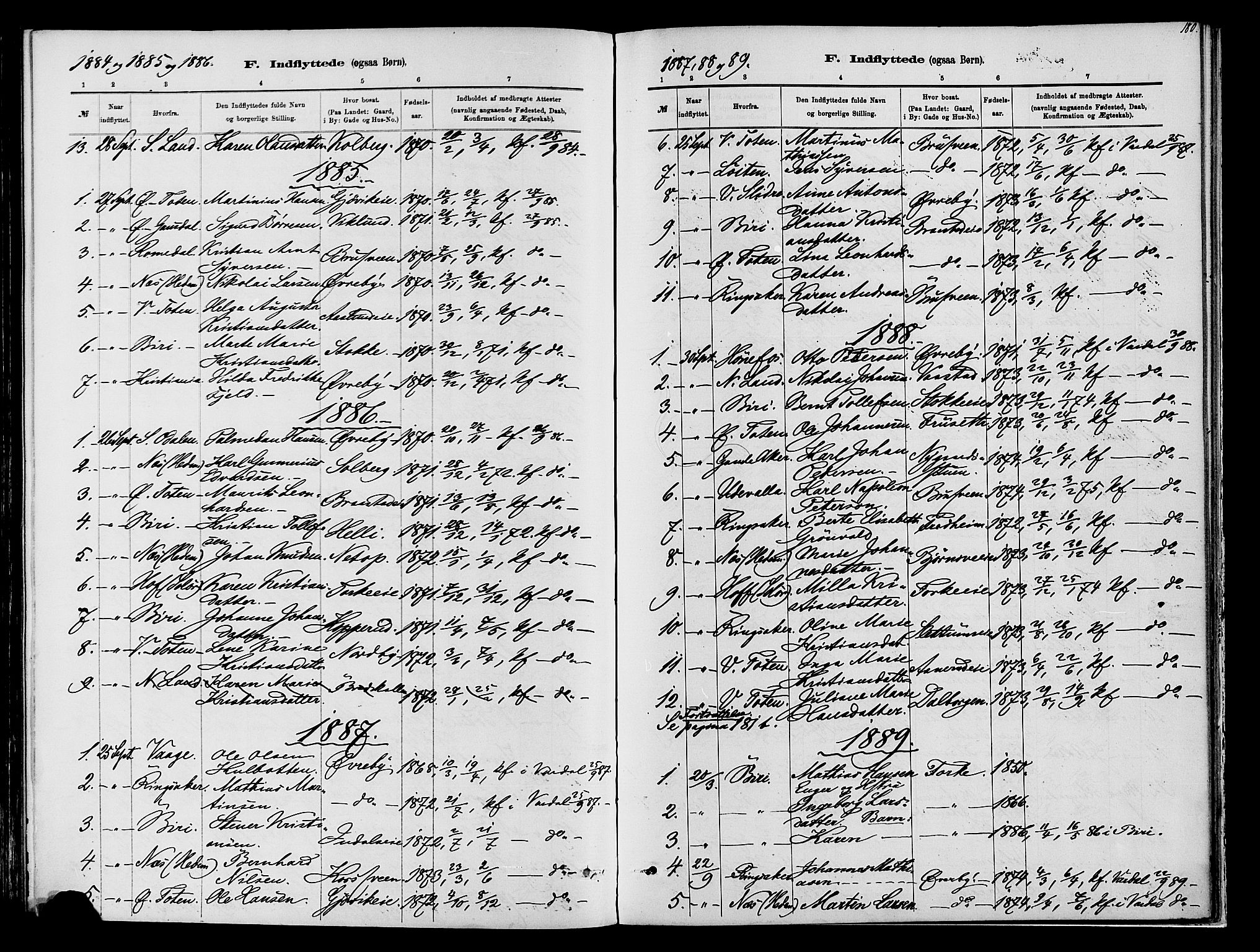 Vardal prestekontor, SAH/PREST-100/H/Ha/Haa/L0009: Parish register (official) no. 9, 1878-1892, p. 180