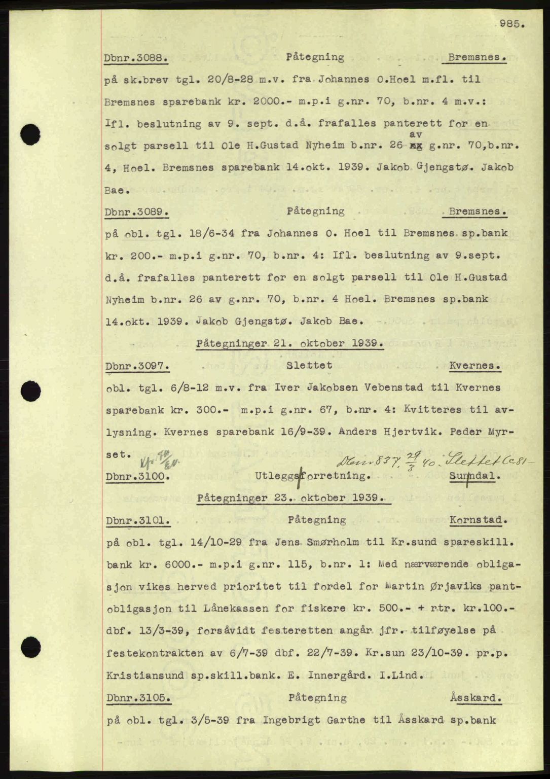 Nordmøre sorenskriveri, AV/SAT-A-4132/1/2/2Ca: Mortgage book no. C80, 1936-1939, Diary no: : 3088/1939