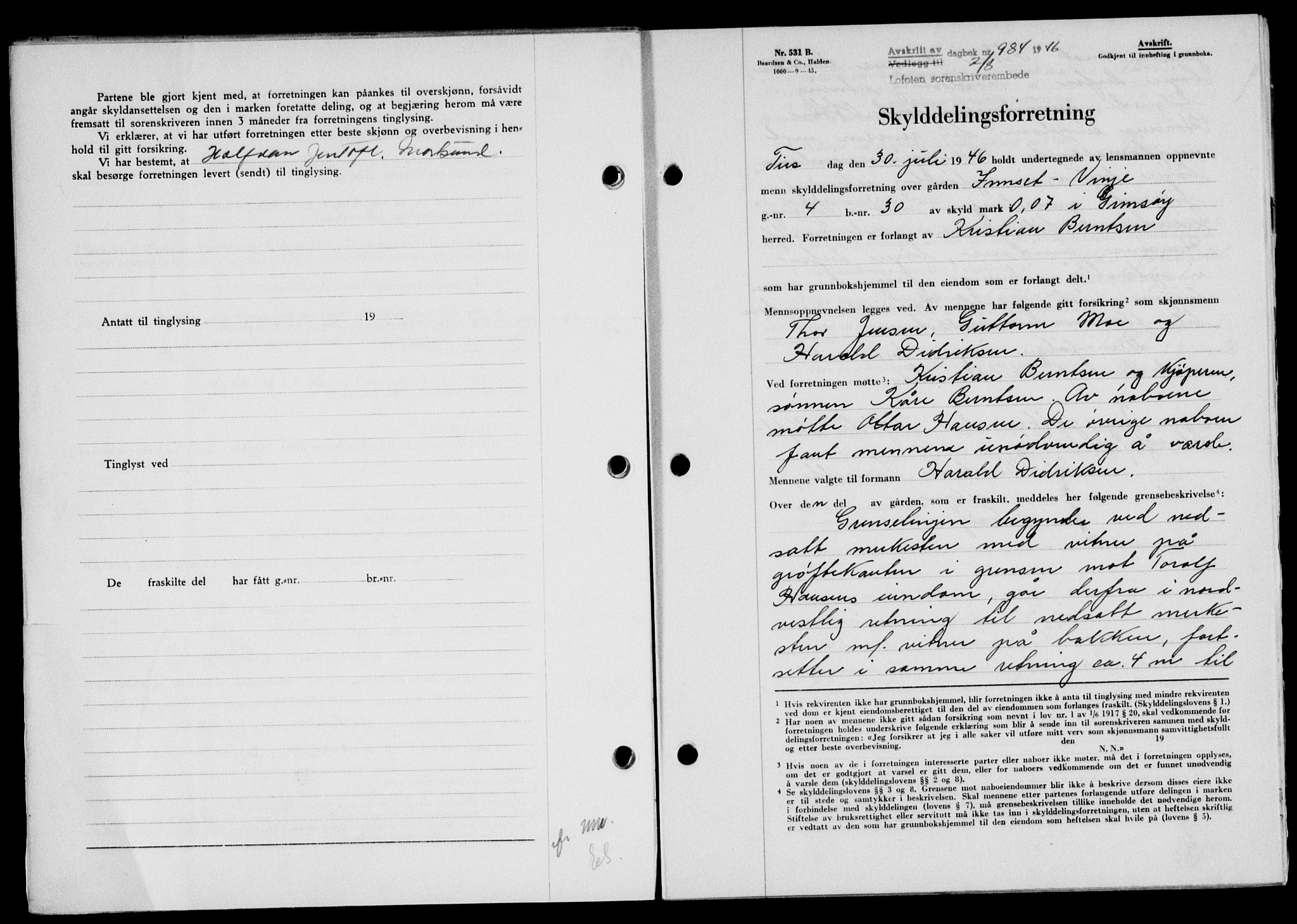 Lofoten sorenskriveri, SAT/A-0017/1/2/2C/L0014a: Mortgage book no. 14a, 1946-1946, Diary no: : 984/1946